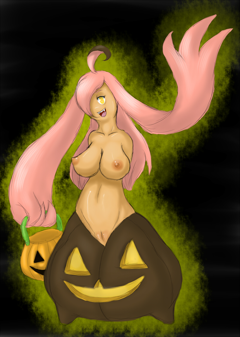 black_background breasts bucket female ghost gourgeist grasp hair happy holding long_hair looking_at_viewer lurkingtyger navel nintendo nipples open_mouth pink_hair plain_background pokemon pokemon_xy pokephilia pumpjin pumpkin pussy sharp_teeth smile solo spirit teeth tongue vegetable video_games white_eyes yellow_eyes