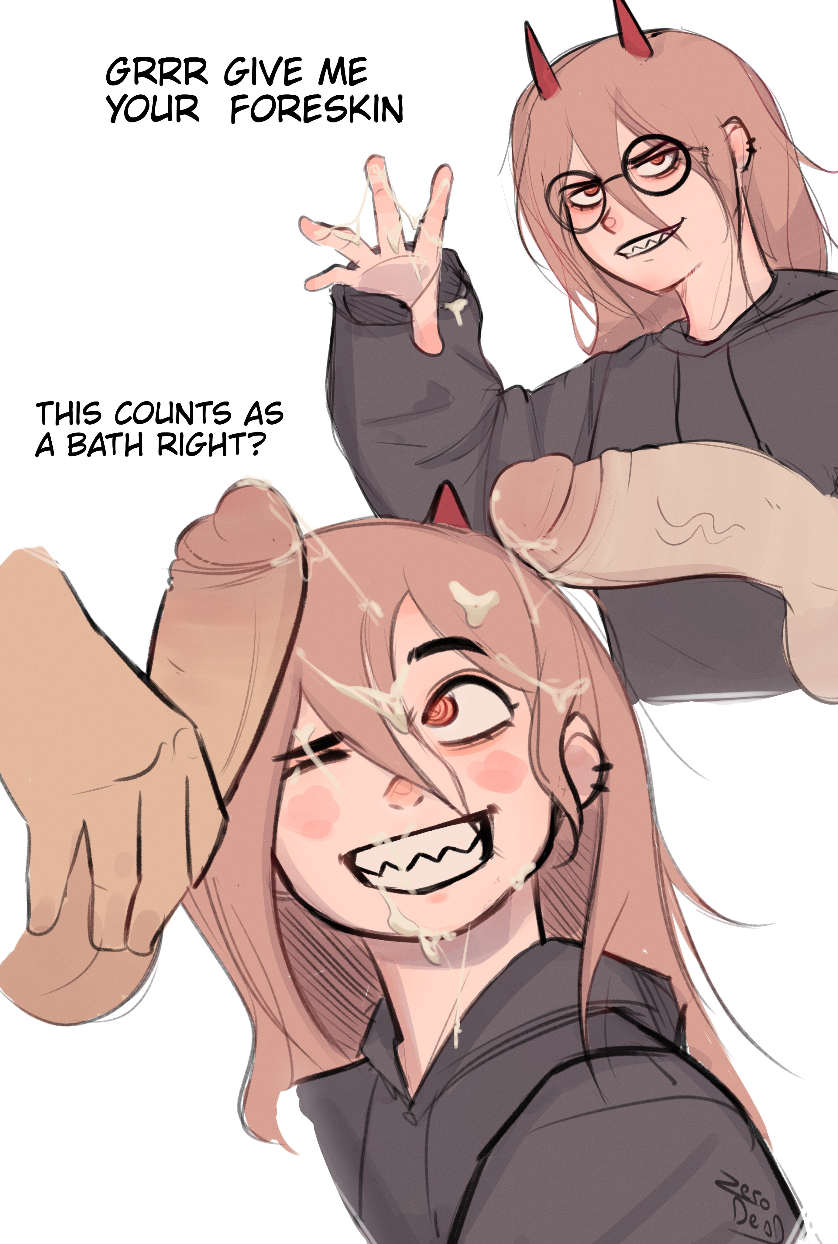 1girls, 2 penises, 2d, 2d (artwork), alternate version at source, artist watermark, blank background, chainsaw man, cum, cum on chin, cum on face, cum on hair, cum on hand, dialogue, english text, facial, glasses, hoodie, horns, one eye closed, penis, penis on face, penis vein, playful, power (chainsaw man), sharp teeth, smiling, smiling female, sweater, text, white background, zero dead zone