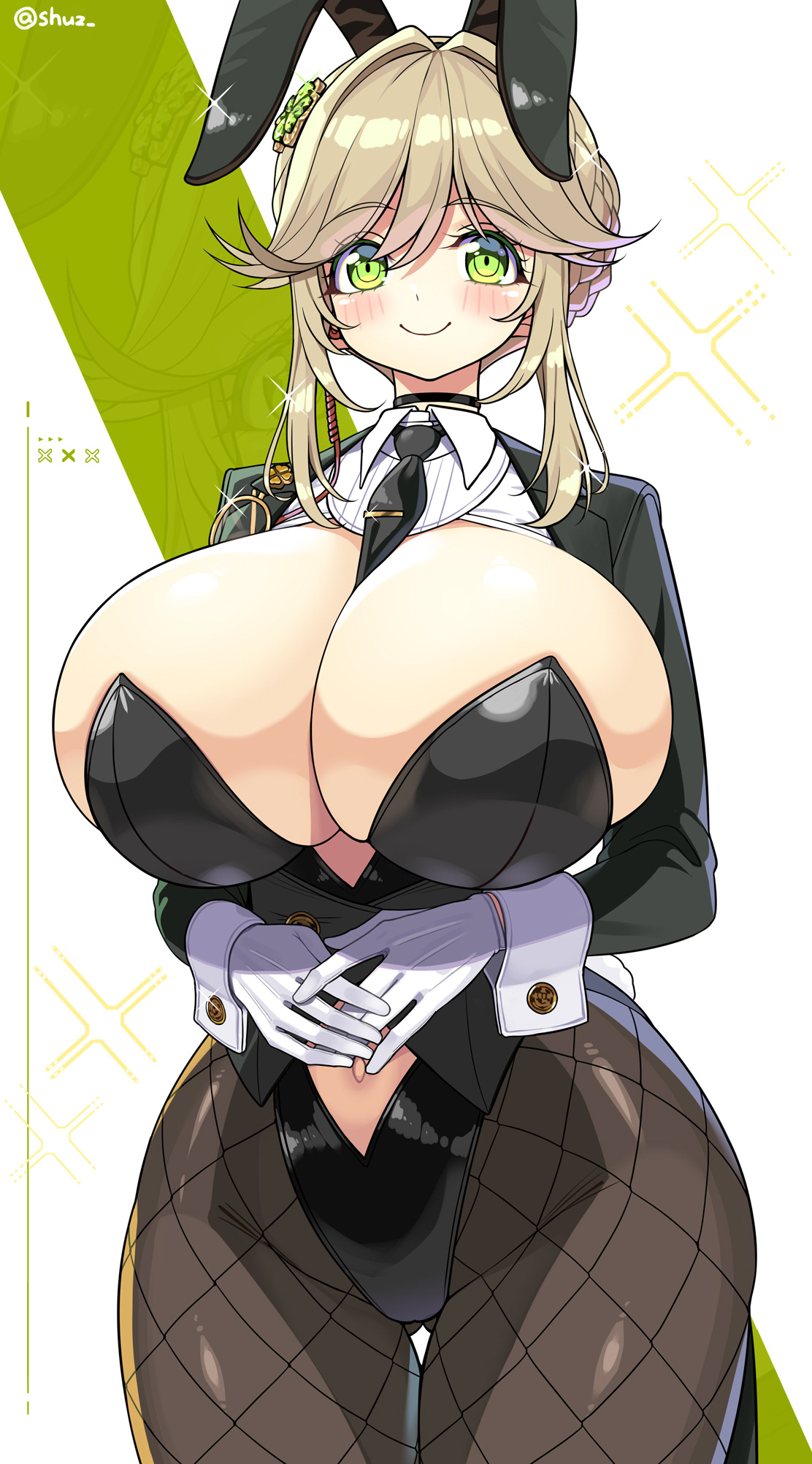 2d, 2d (artwork), 2d artwork, ade (agent bunny) (nikke), ade (nikke), belly button, big breasts, black leotard, blonde hair, boobs, breasts, bunny ears, bunny girl, bunny tail, bunnygirl, bunnysuit, cleavage, fishnets, gigantic breasts, gloves, goddess of victory: nikke, green eyes, hankerchief, huge breasts, large breasts, leotard, massive breasts, sexy, sexy body, sexy female, shuz (dodidu), sideboob, smile, suit and tie, suit jacket, thick hips, thick legs, thick thighs, thighs, tits, wide hipped female, wide hips, wide thighs