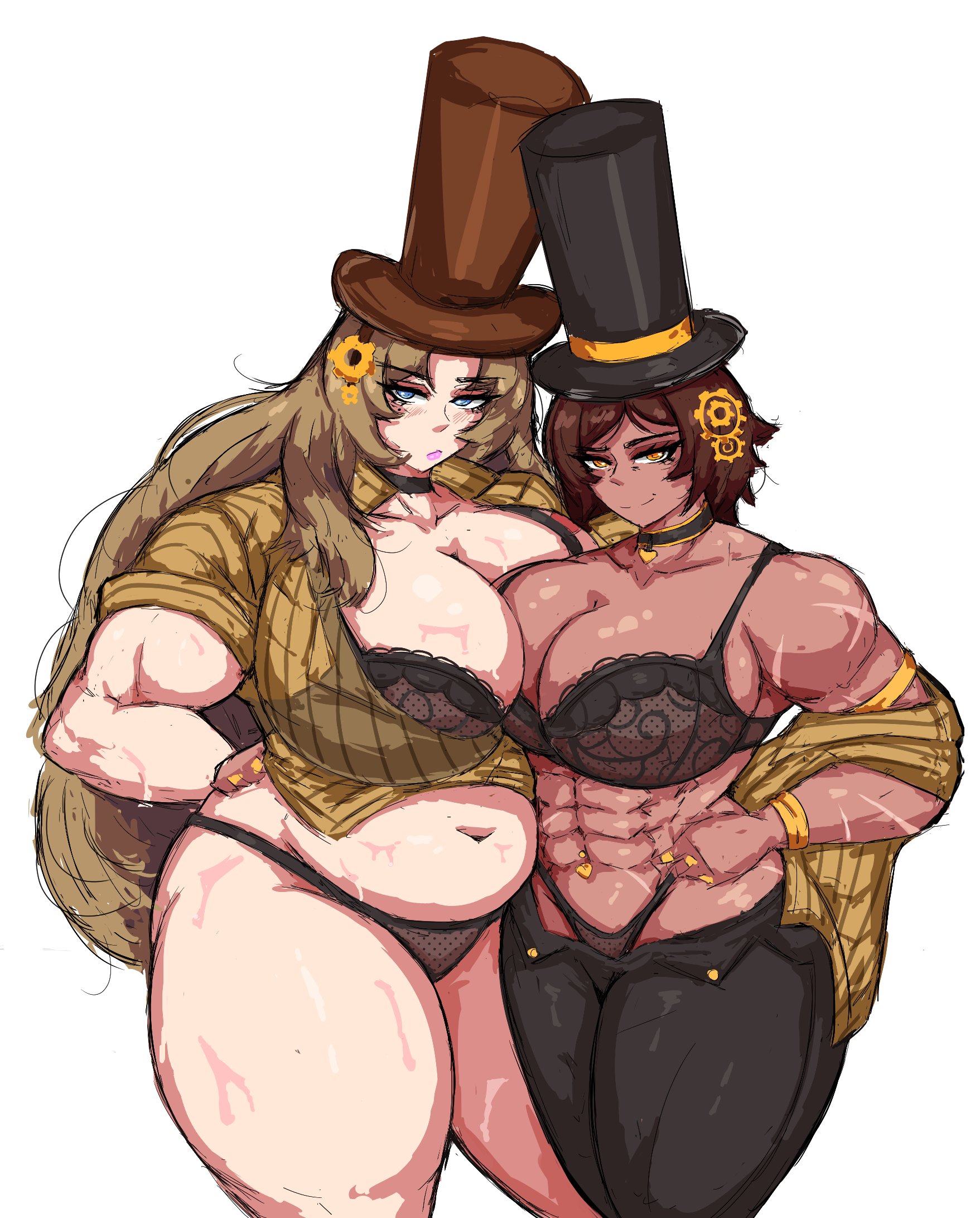 2girls, bbw, chubby, female, female only, gigantic breasts, huge breasts, limbus company, littleteze, muscular, muscular female, outis (limbus company), project moon, rodion (limbus company), standing, strongfat, t corp (identity) (project moon), voluptuous