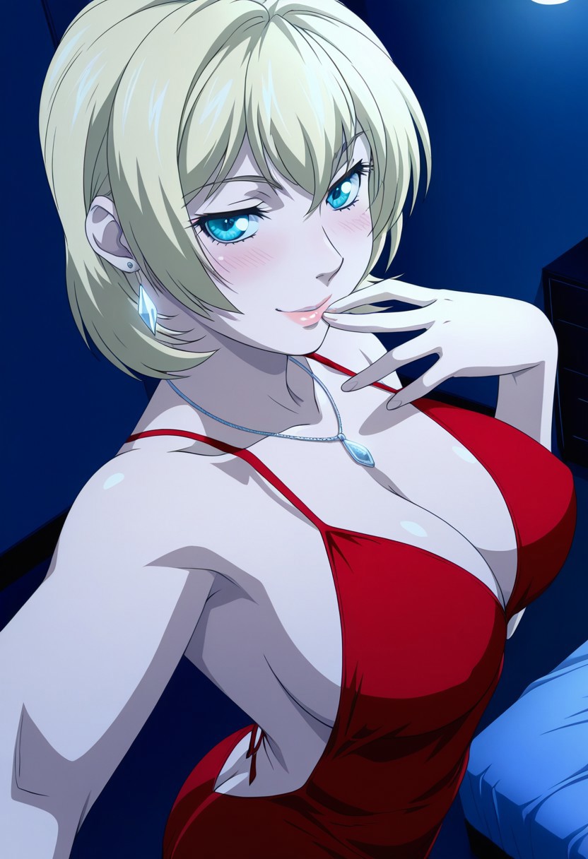 1girls, ai generated, alternate costume, apartment, ass, backless dress, backless outfit, bedroom, bible black, bible black new testament, blonde hair, blue eyes, busty, cleavage, curvaceous, curvy, curvy body, curvy female, curvy figure, dark room, earrings, exposed ass, female, female focus, female only, finger to mouth, flirting, flirting look, flirting with viewer, half-closed eyes, jewelry, jody crowley, lipstick, looking at viewer, makeup, narrowed eyes, naughty, naughty face, naughty smile, no bra, no panties, official alternate costume, penthouse, petite, petite female, pinup, presenting, presenting breasts, red dress, revealing clothes, seducing, seduction, seductive, seductive body, seductive eyes, seductive gaze, seductive look, seductive mouth, seductive pose, seductive smile, selfie, shin bible black, short hair, skimpy, skimpy clothes, smile, solo, solo focus, taking selfie, teasing, teasing viewer, teen, teenage girl, teenager, upper body