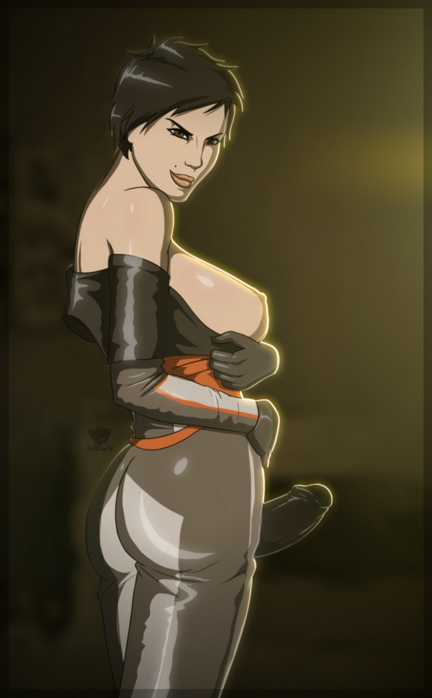 1futa, ass, beauty mark, black hair, bodysuit, breasts, brown eyes, deus ex, erection, faridah malik, futa only, futanari, gloves, human revolution, intersex, large breasts, mole, nipples, penis, short hair, sideboob, solo, solo futa, standing, tridark, undressing