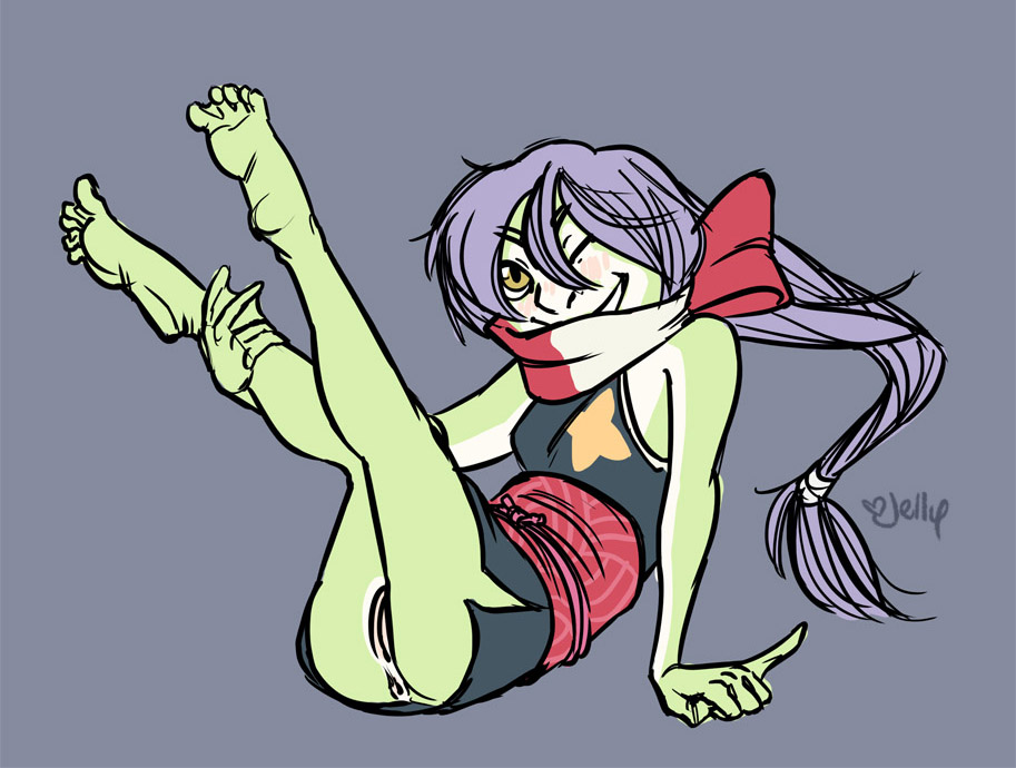 amphibian blush bottomless female frog grey_background hair jellybats leg_grab one_eye_closed pinkie_out plain_background purple_hair scarf sitting solo webbed_fingers webbed_toes webbing wink yellow_eyes