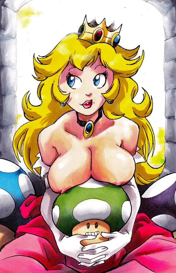 blonde_hair blue_eyes elbow_gloves gloves joehentai looking_away mario_(series) mushroom nintendo princess_peach super_mario_bros. topless