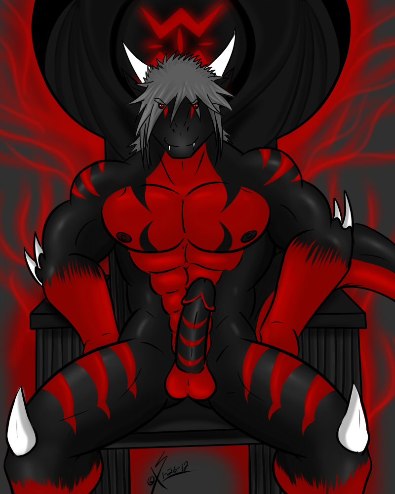 2012 abs anthro balls biceps big_muscles black_dragon body_markings clothing dragon erection fangs hair hair_over_eyes horn looking_at_viewer male male_only markings muscles nipples nude pants pecs penis pose red_eyes saixyuniz-xynz sitting spread_legs spreading throne white_horns zilla_rapha