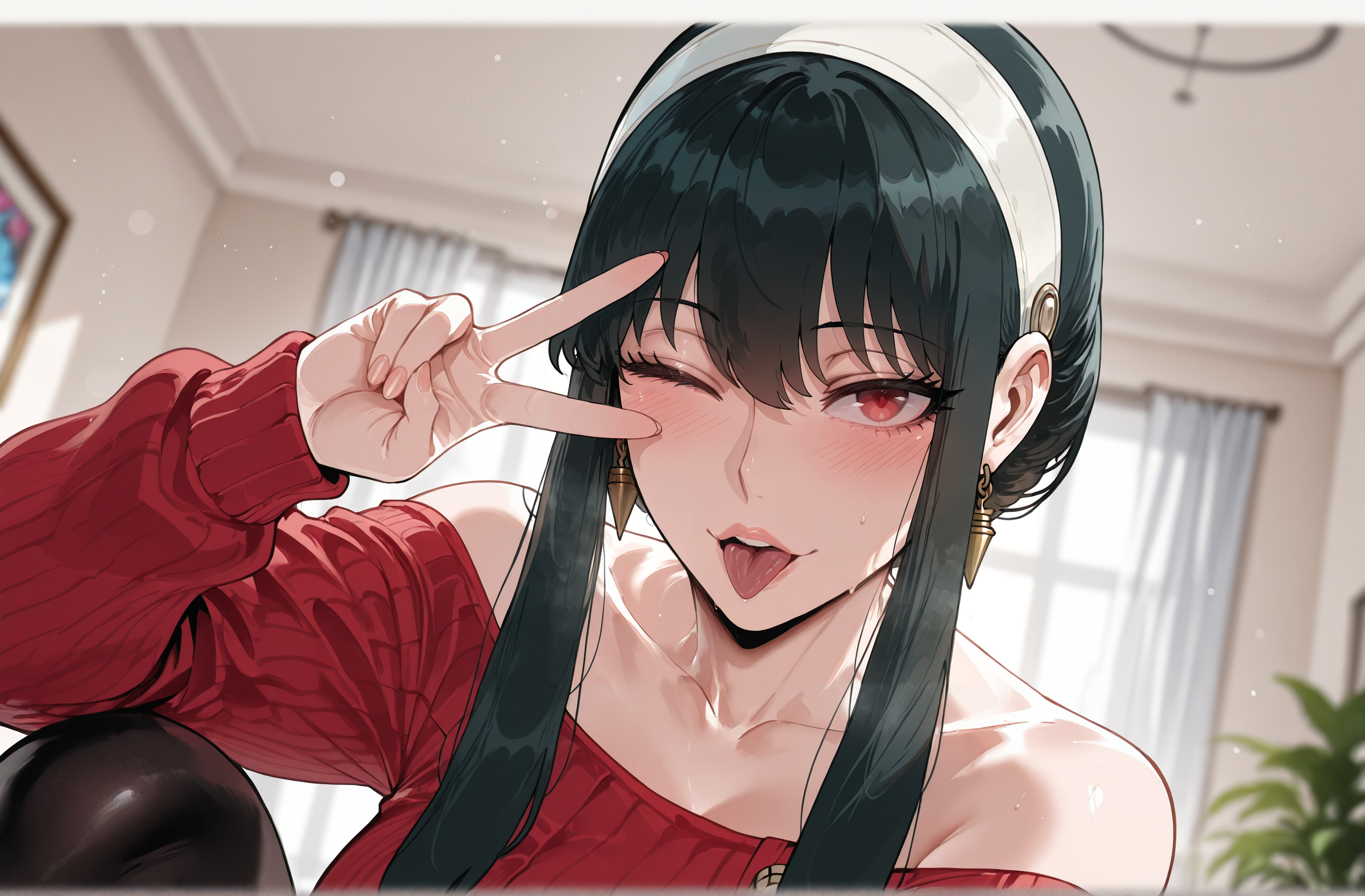 1girls, ai generated, bangs, bare shoulders, black hair, black pantyhose, blush, breasts, clothing, collarbone, curtains, curvaceous, curvaceous female, curvaceous figure, curvy, curvy figure, earrings, female, female focus, female only, gold earrings, hairband, headwear, indoors, jewelry, lips, long hair, long sleeves, looking at viewer, miyuai, off shoulder, off-shoulder sweater, one eye closed, open mouth, pantyhose, picture frame, plant, potted plant, red eyes, red sweater, sidelocks, smile, solo, spy x family, sweat, sweater, tongue, tongue out, upper body, v, v over eye, voluptuous, voluptuous female, white hairband, window, yor briar, yor forger