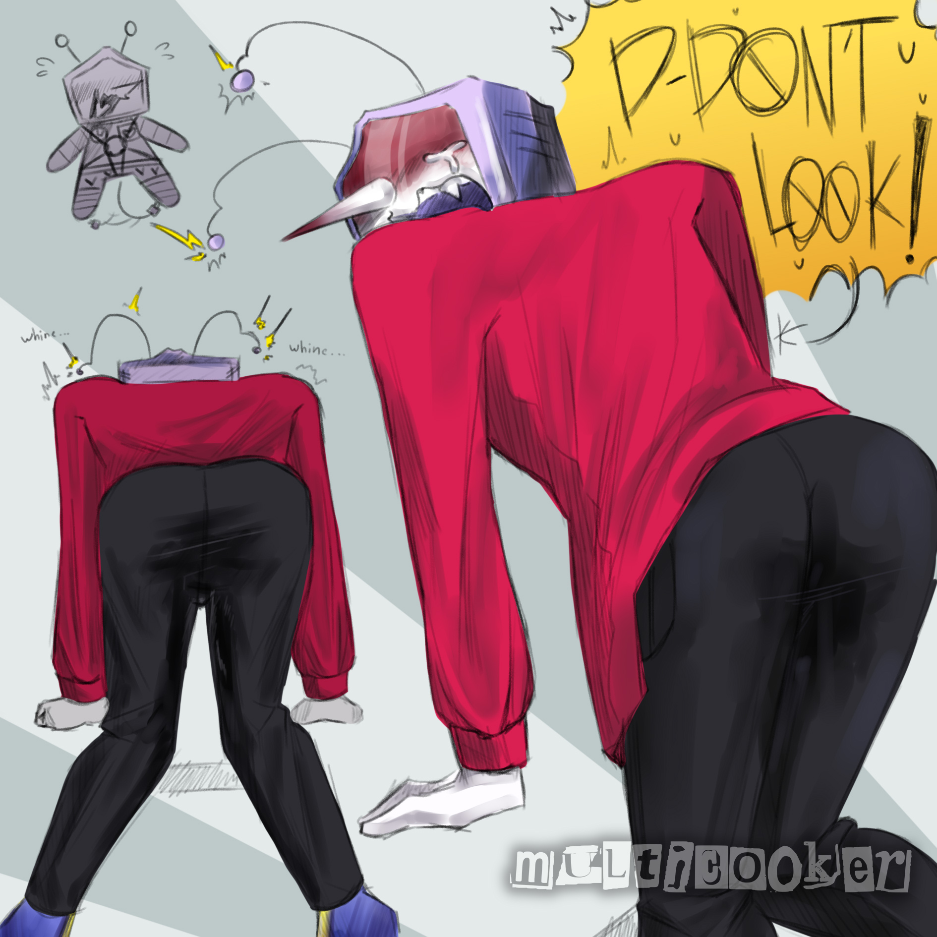 1boy, big ass, blush, crying, deltarune, deltarune chapter 3, embarrassed, fangs, in clothes, long nose, male, multicooker, omorashi, only male, peeing, peeing self, robot boy, shy, tenna (deltarune), tv head, urine, wet, wetting, wetting self, whining