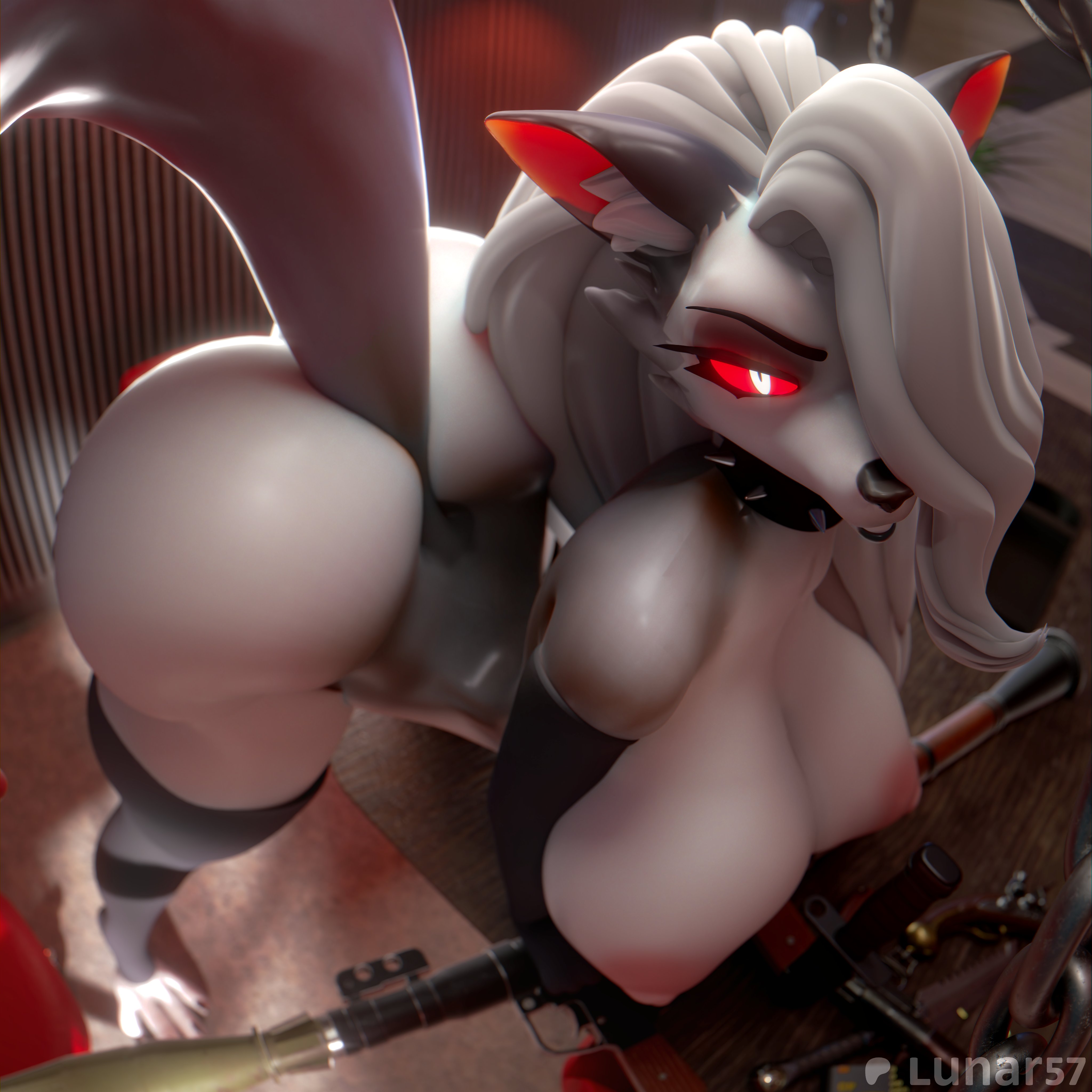 3d, 3d (artwork), 3d artwork, amazon, amazon prime, artist name, artist signature, breasts, collar, female, gun, hellaverse, hellhound, helluva boss, huge ass, loona (helluva boss), lunar57, naked, naked female, npo bazalt, red eyes, rocket launcher, rpg-7, sniper rifle, tits out