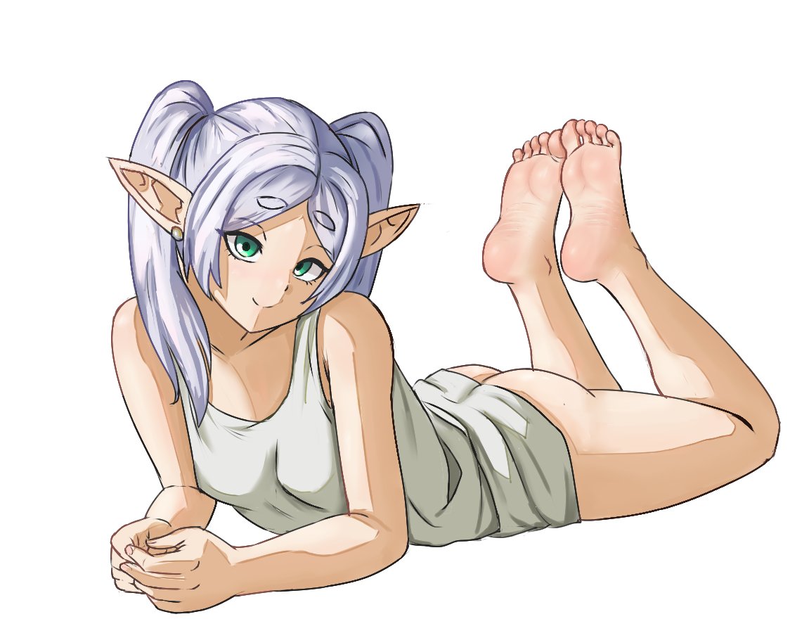 1girls, barefoot, elf, elf ears, elf female, elf girl, feet, female, female only, foot focus, frieren, frieren beyond journey's end, looking at viewer, nihu, pointy ears, sousou no frieren, white hair
