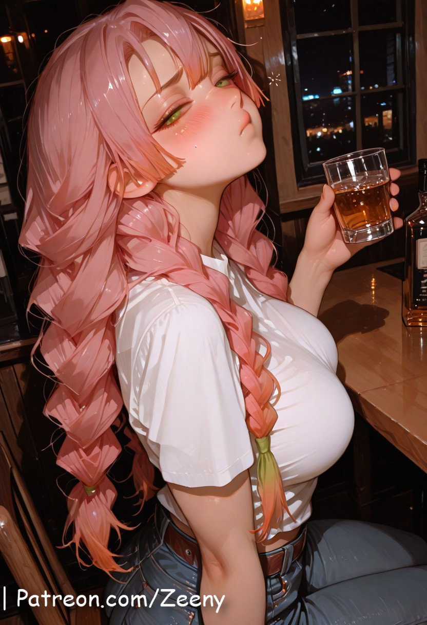 ai generated, big breasts, blush, breasts, demon slayer, erect nipples, female, green eyes, green hair, kanroji mitsuri, lying on back, nipples, patreon, patreon link, patreon url, patreon username, pink hair, pussy, realistic fluids, smile, soft lighting, solo, spread legs, toned stomach, twin braids, ultra detailed, white sheets