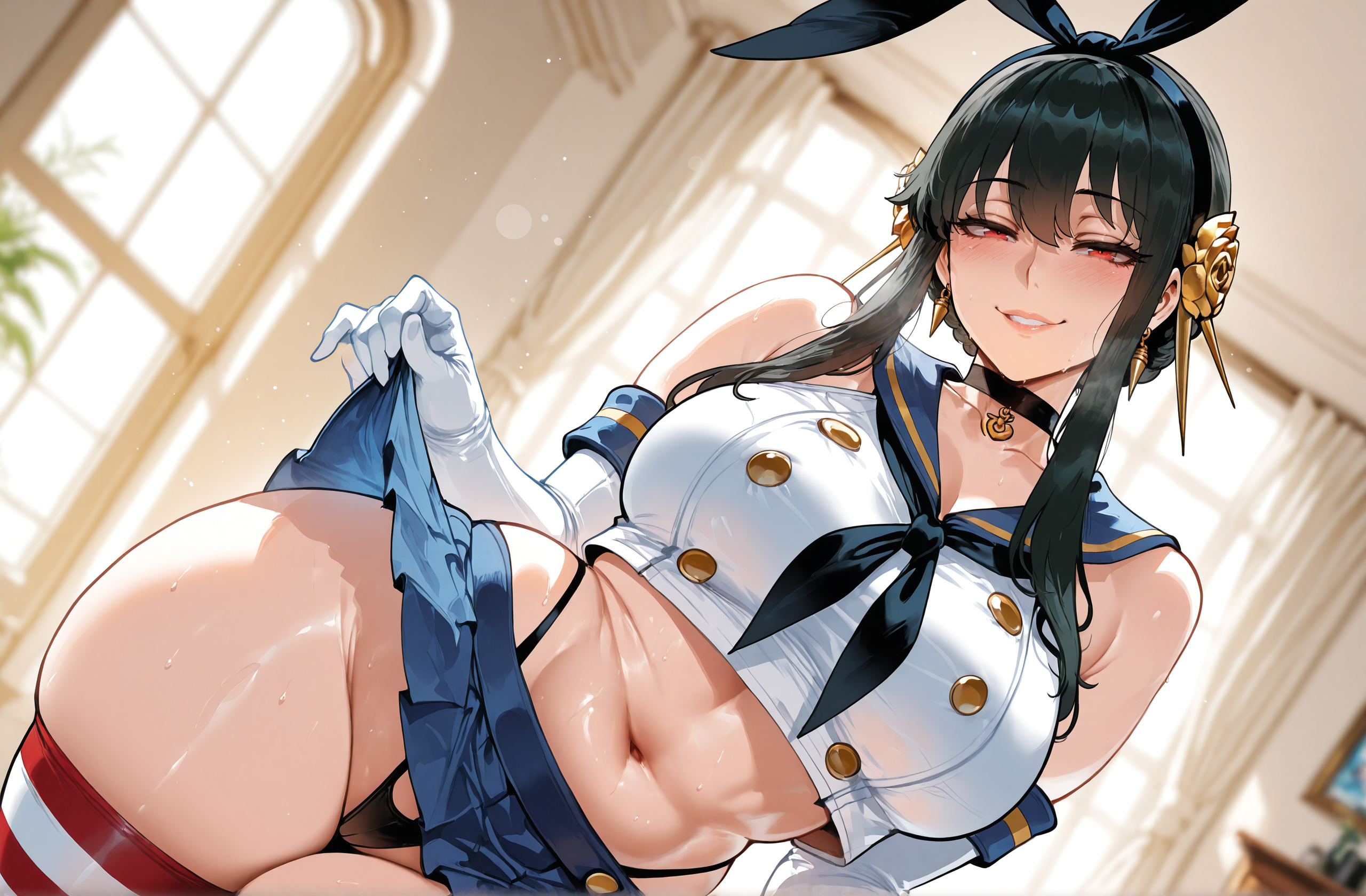 1girls, 2d, ai generated, bangs, bare shoulders, black choker, black clothes, black hair, black hairband, black neckerchief, black panties, black underwear, blue sailor collar, blue skirt, blush, breasts, buttons, choker, cleavage, clothes lift, clothes pull, clothing, collarbone, cosplay, crop top, curtains, curvaceous, curvaceous female, curvaceous figure, curvy, curvy figure, earrings, elbow gloves, female, female focus, female only, flower, gloves, gold earrings, gold hairband, grin, hair flower, hair ornament, hairband, half-closed eyes, headwear, highleg, highleg panties, indoors, jewelry, large breasts, legwear, lifted by self, long hair, looking at viewer, microskirt, midriff, miyuai, navel, neckerchief, panties, pantsu, parted lips, pendant choker, pleated skirt, red eyes, rose, sailor collar, school uniform, serafuku, shimakaze (kancolle) (cosplay), shimakaze (kantai collection) (cosplay), shirt, short hair with long locks, sidelocks, skindentation, skirt, skirt lift, skirt pull, smile, solo, spy x family, stomach, striped clothes, striped thighhighs, sweat, tagme, thick thighs, thighhighs, thighs, thong, underwear, voluptuous, voluptuous female, white gloves, window, yor briar, yor forger