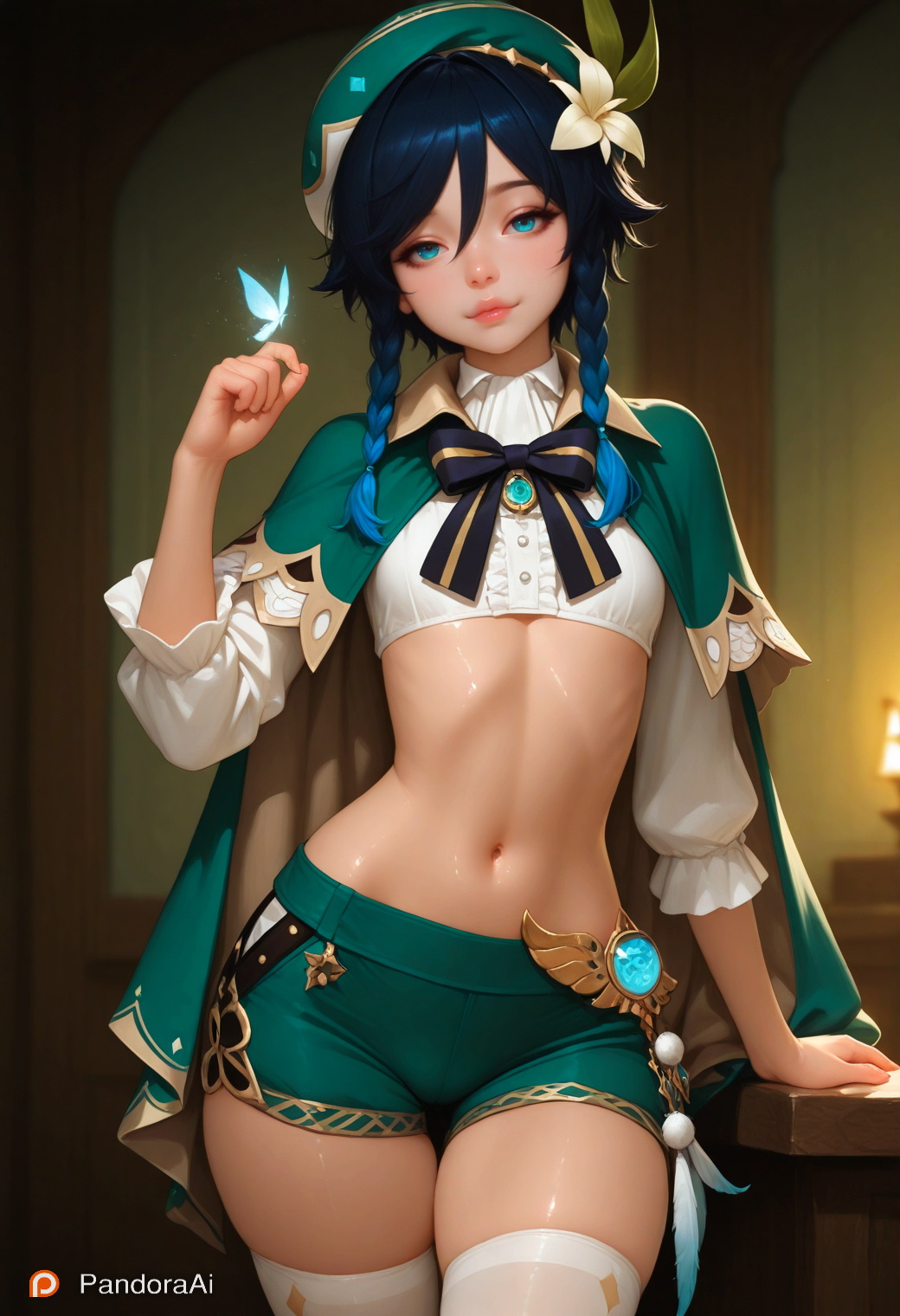 1boy, 1femboy, ai generated, artist name, artist upload, bra, braids, femboy, genshin impact, hi res, male, male only, more at source, only male, pandora, patreon, posing, posing for picture, posing for the viewer, pretty boy, shorts, smooth skin, standing, stockings, tagme, tight clothes, trap, venti (genshin impact), white stockings
