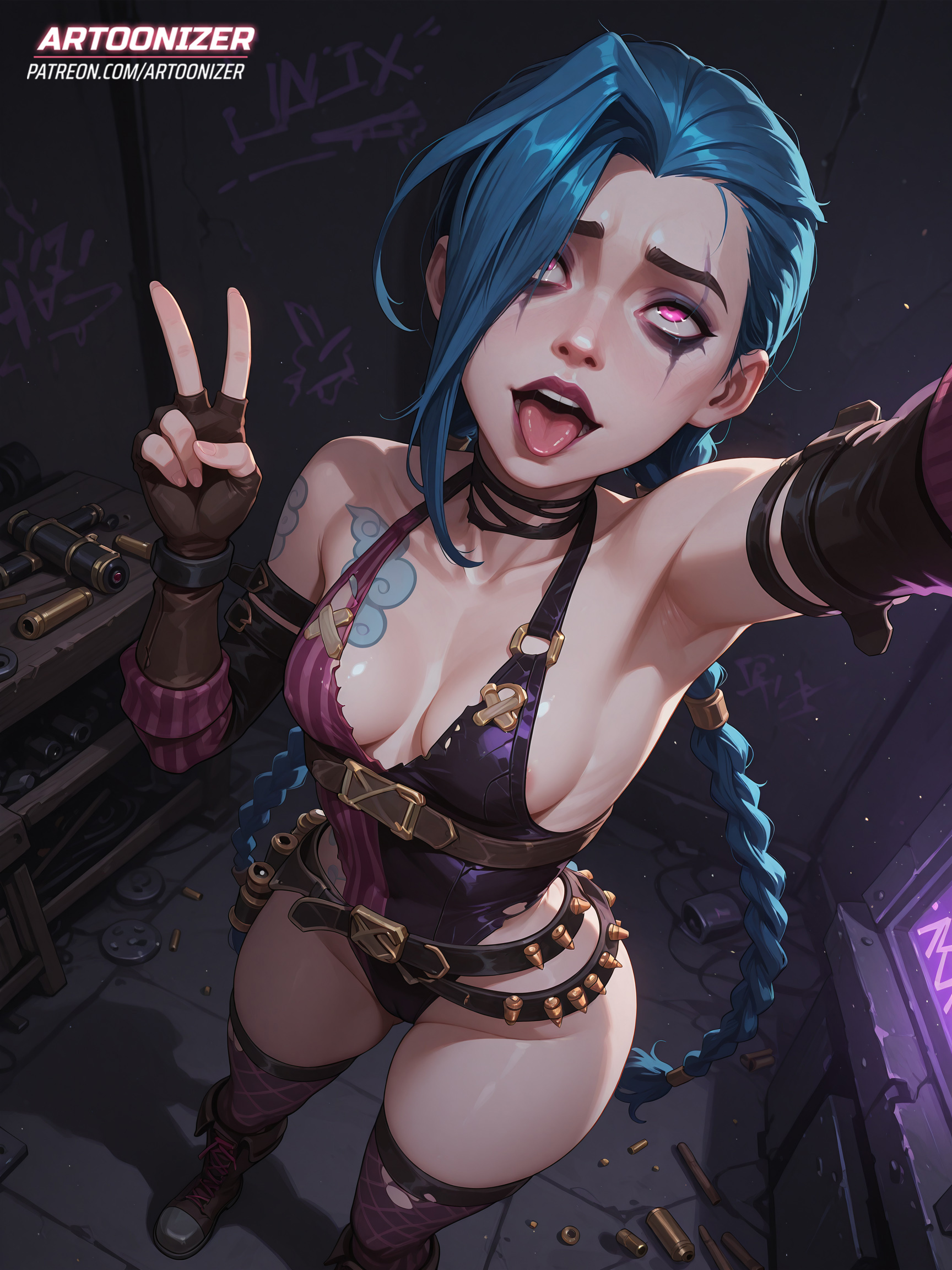 ahe gao, ai generated, arcane, arcane jinx, artoonizer, blue hair, boots, braid, braided hair, breasts, bullet, chest belt, female, fingerless gloves, gauntlets, handwear, highleg leotard, jinx (league of legends), league of legends, leotard, light skin, light-skinned female, long hair, medium breasts, necklace, open mouth, patreon, patreon username, petite, pink eyes, posing, purple eyes, rolling eyes, ruined makeup, selfie, solo, solo female, solo focus, tattoo, thick thighs, thighhighs, thighs, tongue out, twin braids, v, v sign, very long hair, wide hips