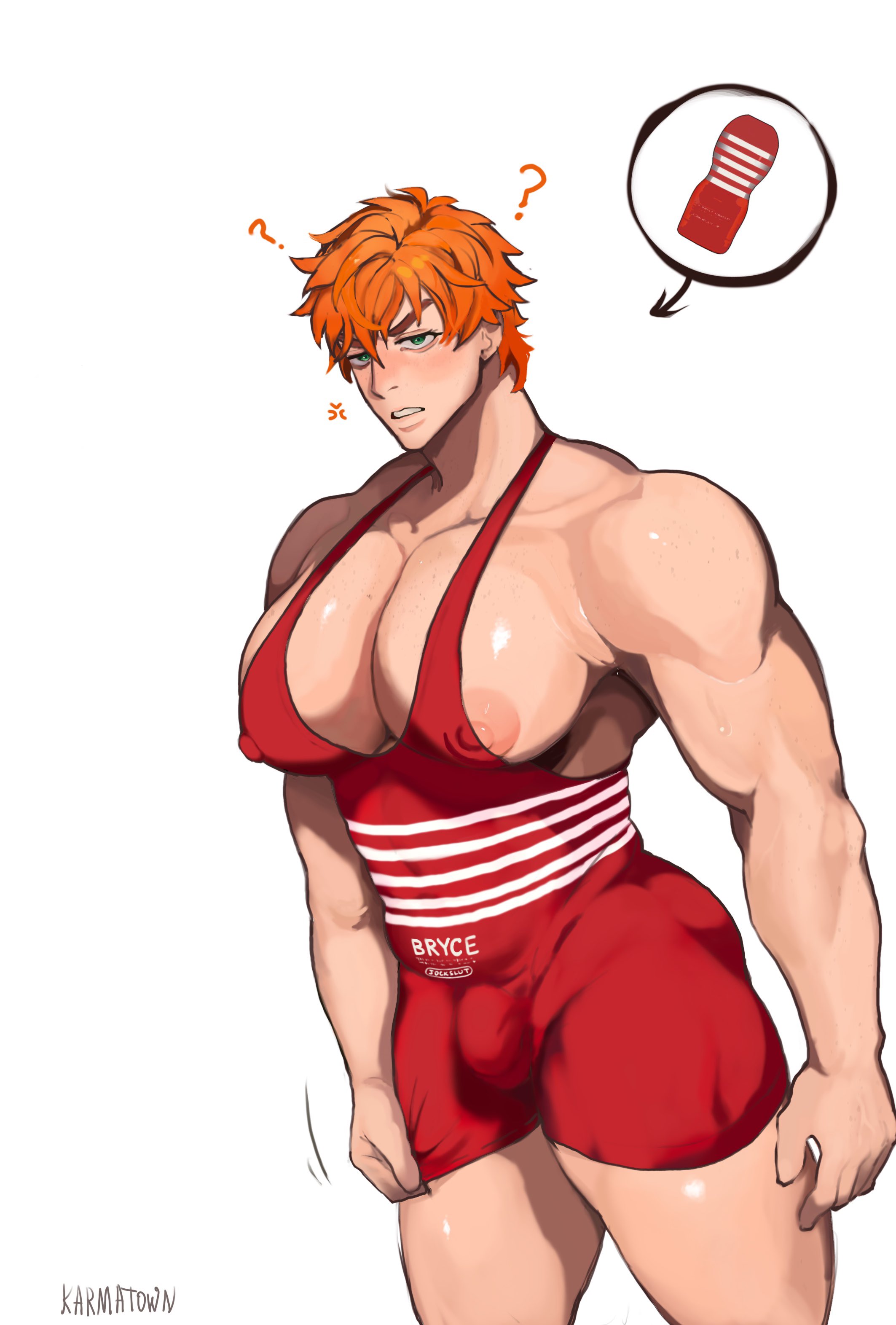 ?, 1boy, artist name, bara, big pecs, blush, breasts, bryce callahan, bulge, clothed, clothing, gay, gay male, jock studio, karmatown, male, male focus, male only, muscular, muscular arms, muscular chest, muscular male, nipples, pecs, sidepec, simple background, sleeveless, solo, solo male, tenga, tenga outfit, yaoi