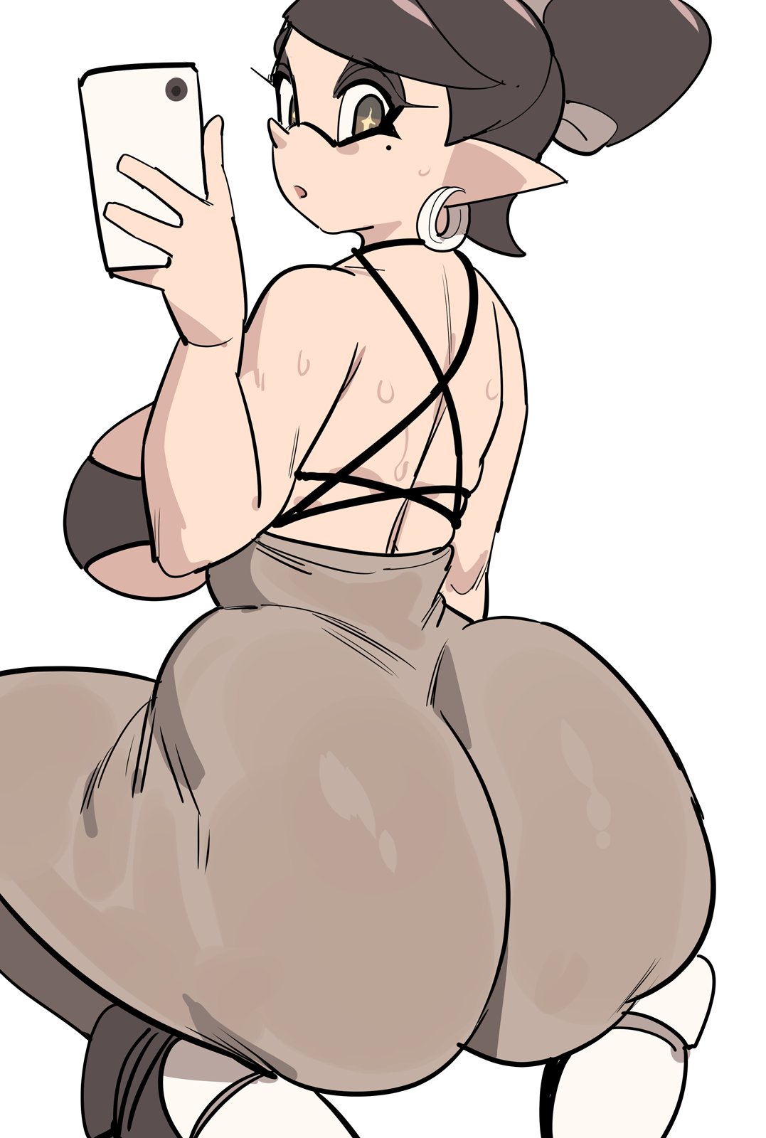1girls, 2d, 2d (artwork), ass, ass bigger than head, ass focus, big ass, big breasts, big butt, big thighs, black hair, bottom heavy, breasts, bubble butt, callie (splatoon), clothed, clothed female, curvy, domino mask, earrings, facing away, fat ass, female, female focus, female only, huge ass, huge breasts, large ass, large breasts, leotard, light skin, light-skinned female, looking back, massive ass, massive butt, nintendo, phone, selfie, simple background, solo, solo female, solo focus, splatoon, splatoon (series), thick, thick ass, thick butt, thick thighs, thighs, yuta agc