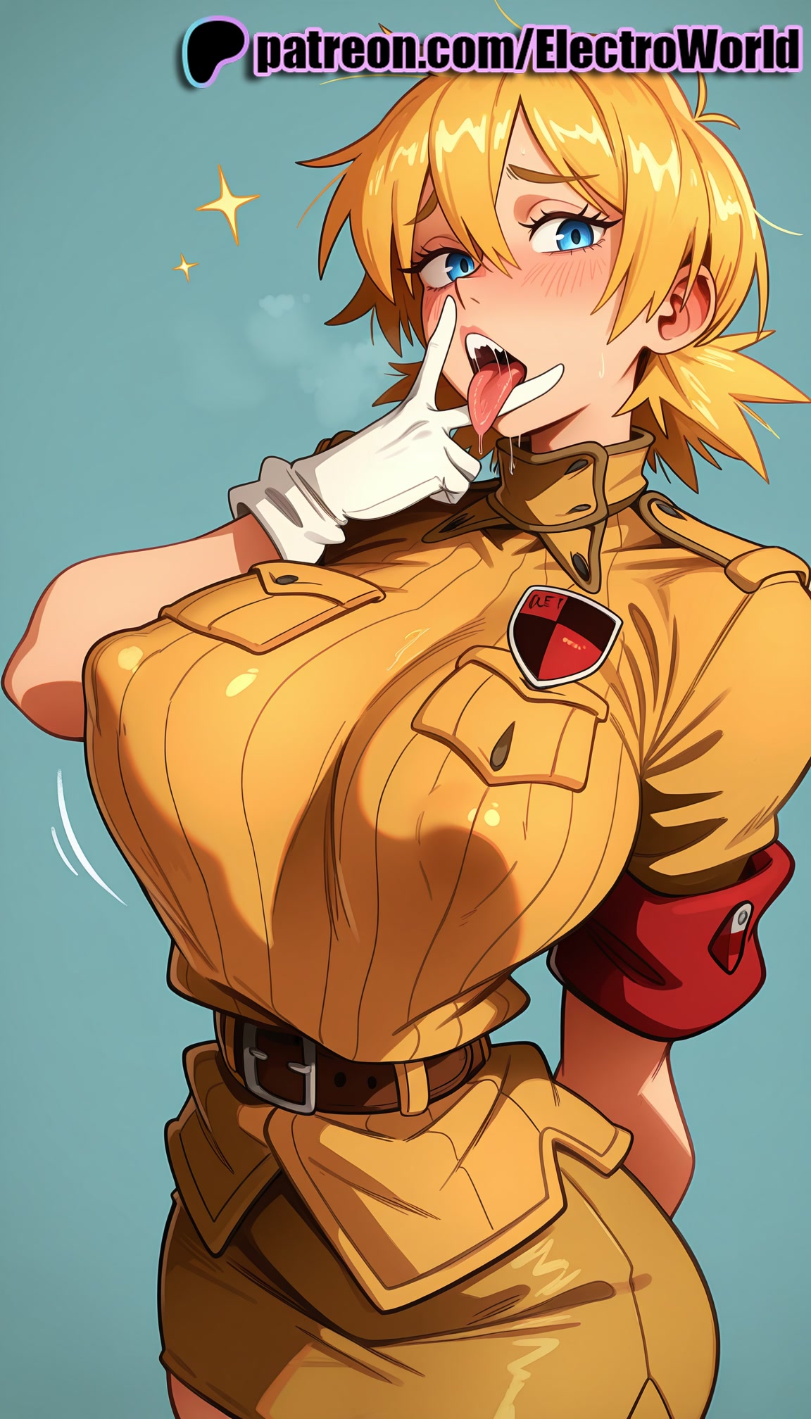 1girls, 2025, ai generated, artist name, belt, blonde hair, blue background, blue eyes, breasts, bust, chest, covered nipples, electroworld, fellatio gesture, female, gloves, hellsing, hi res, high quality, high resolution, highres, looking at viewer, patreon, patreon username, seras victoria, short hair, solo, sparkle, stable diffusion, tongue, tongue out, watermark, white gloves