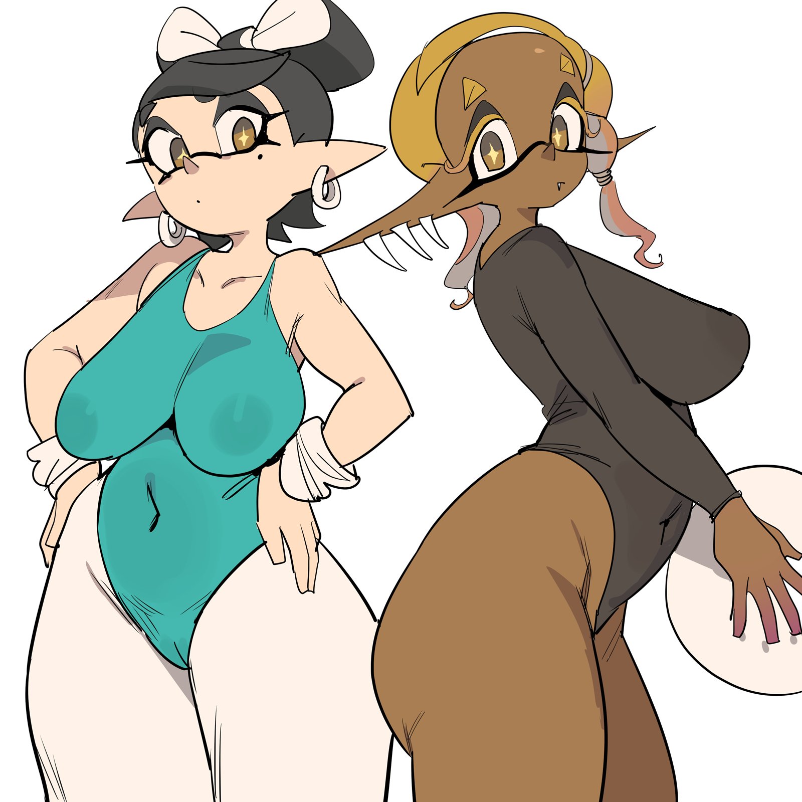 2girls, alternate breast size, beauty mark, big ass, big breasts, black hair, breasts, callie (splatoon), cleavage, dark skin, dark-skinned female, dark-skinned sub, domino mask, ear piercing, facial markings, female, frye (splatoon), highleg leotard, huge ass, huge breasts, inkling, large breasts, leotard, light skin, light-skinned bottom, light-skinned female, looking at viewer, mole under eye, nintendo, pantyhose, short hair, splatoon, splatoon (series), splatoon 3, symbol-shaped pupils, tentacle hair, thick thighs, tight clothing, tights, wide hips, yellow eyes, yuta agc