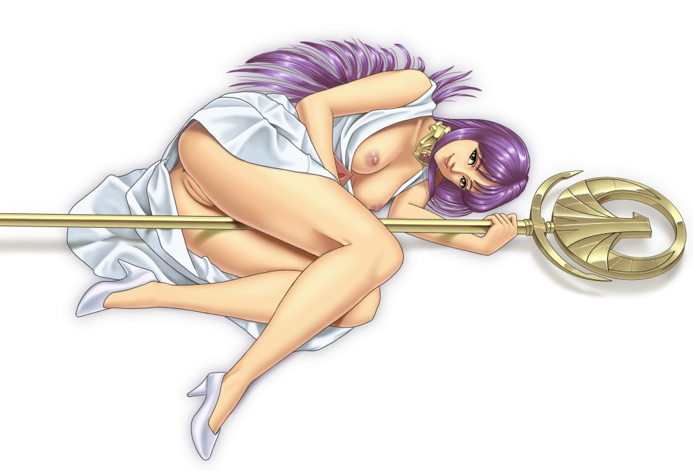 1girls anus areolae ass athena_(saint_seiya) between_legs breasts brown_eyes choker dress dress_lift female goddess high_heels irotsuya jewel long_hair lying nipples on_side purple_hair pussy saint_seiya saori_kido shounen_jump smile solo staff uncensored