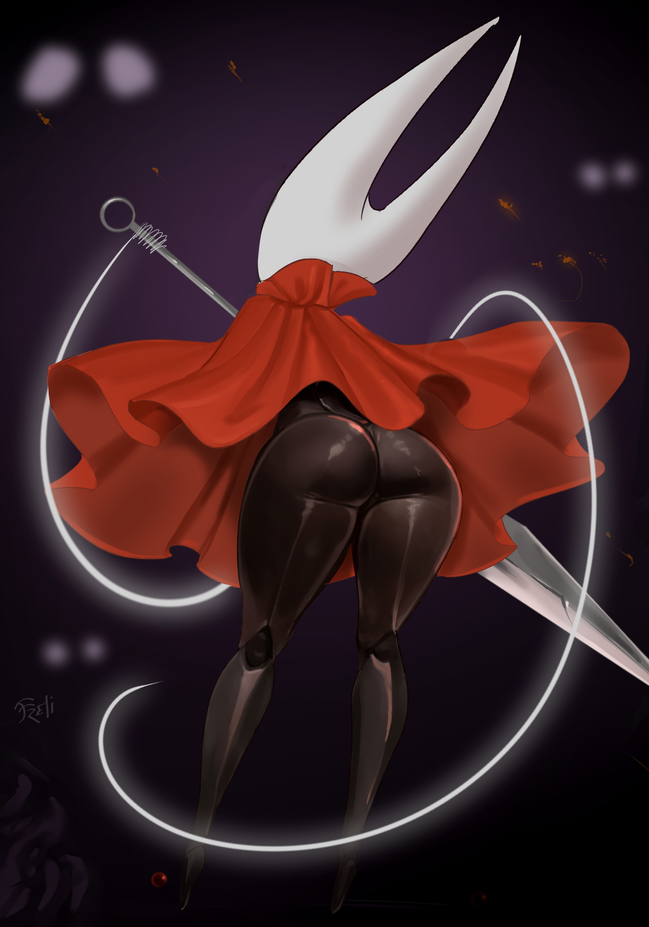 1girls, anus, ass, ass focus, battle, big ass, bottomless, clothing, female, freli, hollow knight, hollow knight: silksong, hornet (hollow knight), insect girl, pussy, weapon, white mask, wide hips