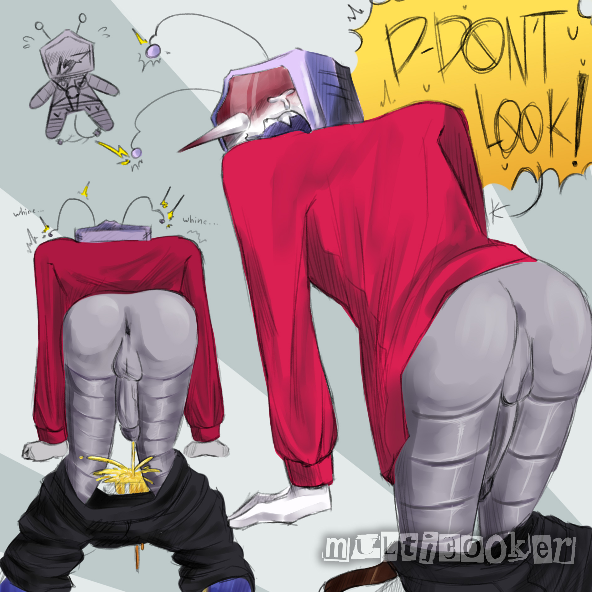 1boy, big ass, big penis, blush, crying, deltarune, deltarune chapter 3, embarrassed, fangs, in clothes, long nose, male, male peeing, multicooker, omorashi, only male, peeing, peeing self, penis, pissing on floor, robot boy, shy, tenna (deltarune), tv head, urine, wet, wetting, wetting self, whining
