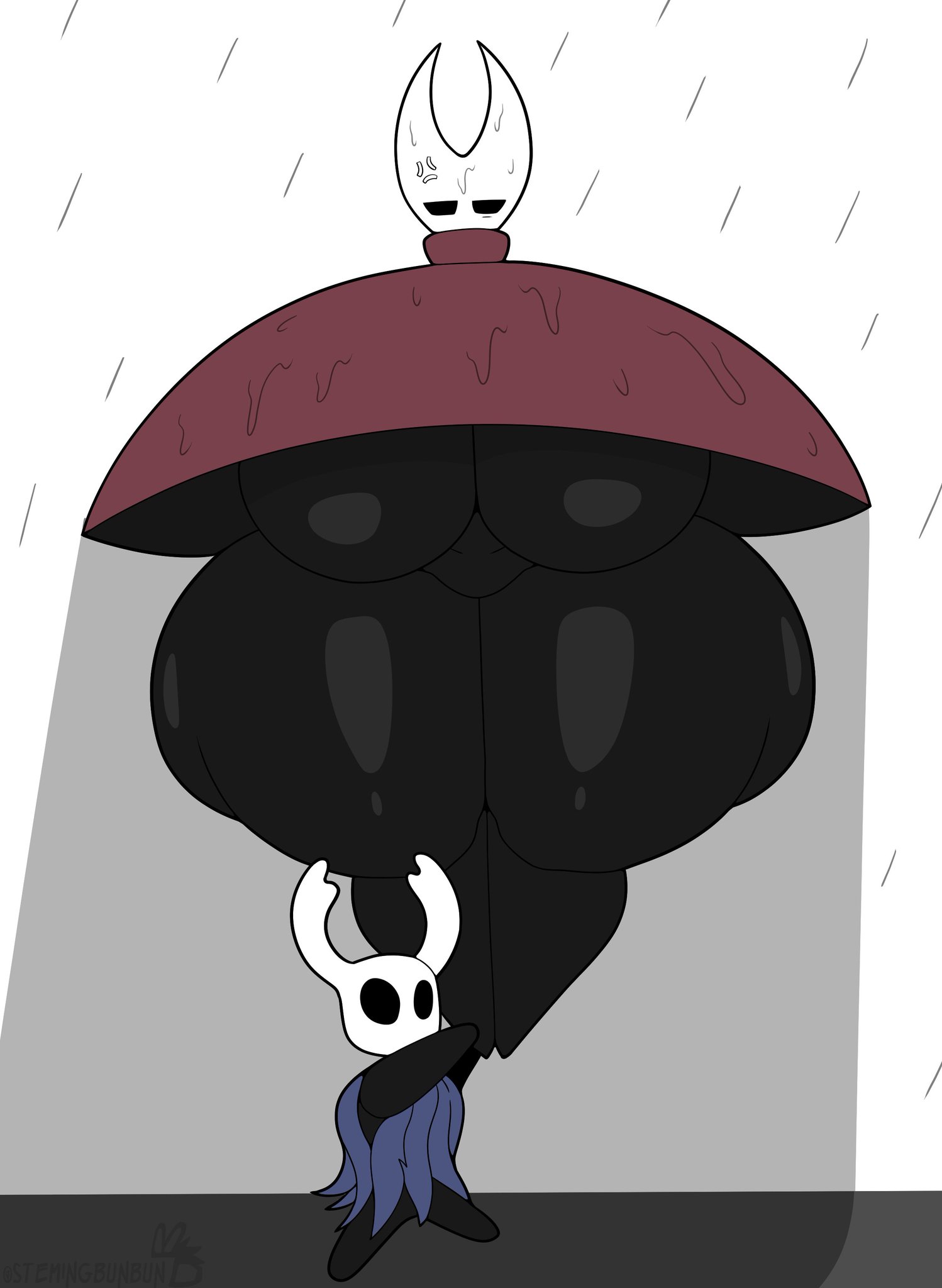 1boy, 1girls, big breasts, big thighs, bigger female, breasts, carrying, carrying another, carrying person, female, highres, hollow knight, hollow knight: silksong, hornet (hollow knight), huge ass, huge breasts, huge thighs, joke art, male, no feet, rain, raining, silksong, smaller male, stemingbunbun, tagme, the knight (hollow knight), thick thighs, umbrella, upset
