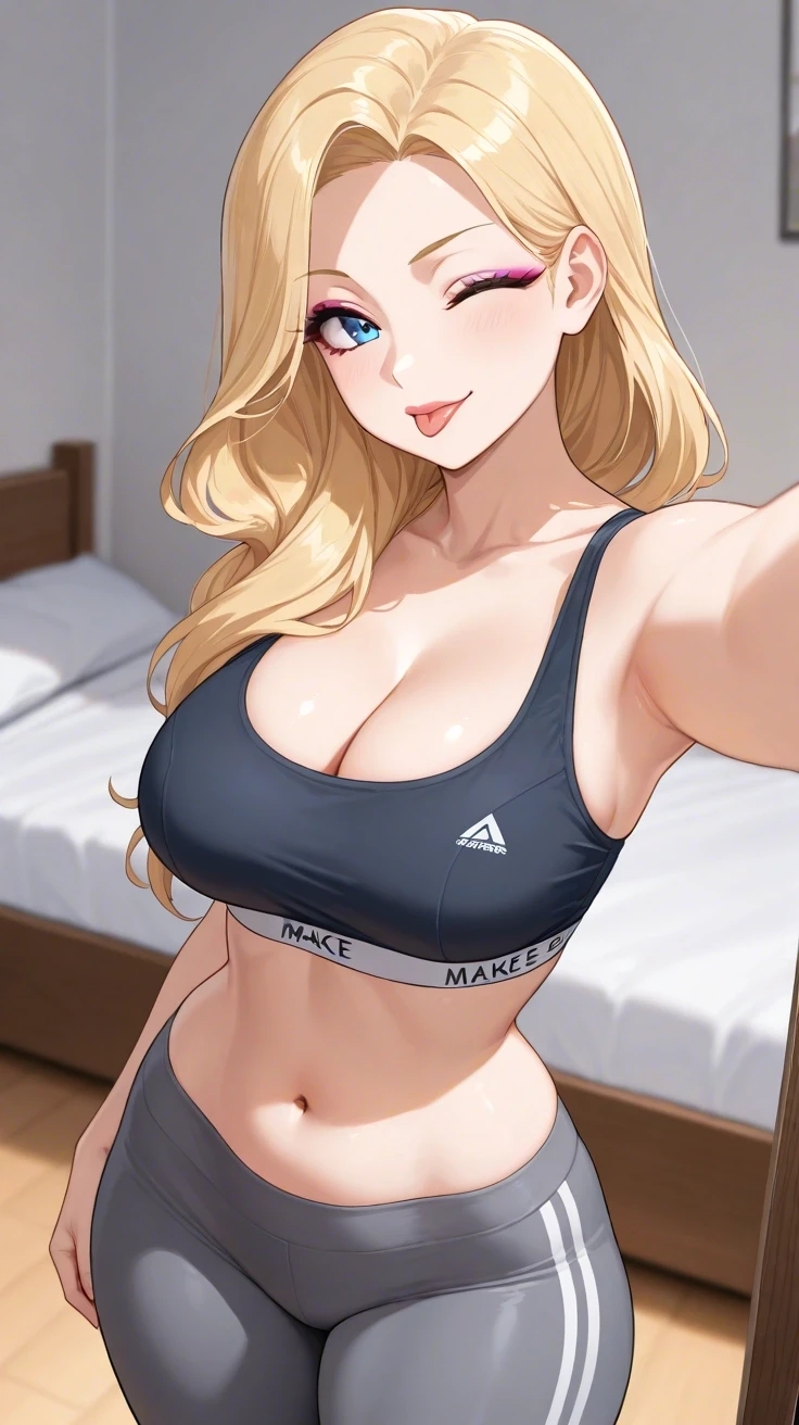 ;p, 1girls, ai generated, armpits, bare arms, bare shoulders, bed, bedroom, big breasts, black topwear, blonde female, blonde hair, blonde-haired female, blue eyes, blush, bottomwear, breasts, cleavage, clothed, clothed female, clothing, collarbone, commentary request, curvaceous, curvy, curvy female, curvy figure, cute, cute expression, eyelashes, eyeshadow, female, female focus, forehead, grey legwear, hair, hips, indoors, inside, large breasts, lia the busty redhead, long eyelashes, long hair, looking at viewer, makeup, midriff, navel, original, original character, pose, posing, posing for the viewer, self upload, selfie, sports bra, sportswear, standing, tagme, teasing, thick thighs, thighs, tight clothing, tongue, tongue out, topwear, voluptuous, voluptuous female, wavy hair, wide hips, wink, winking, winking at viewer, yoga pants