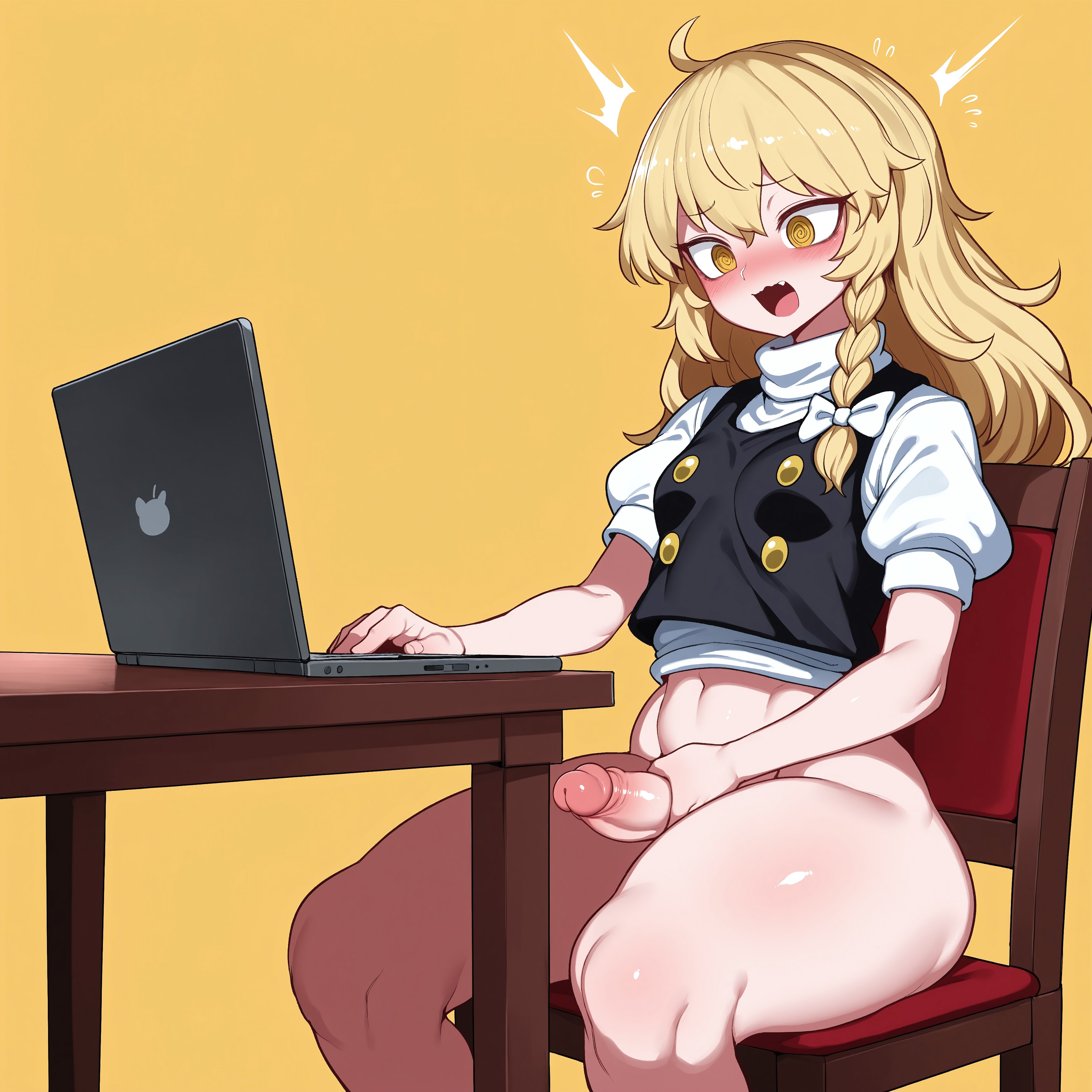 @ @, 1futa, 2d, ai generated, black vest, blonde hair, blush, bottomless, braid, braided sidelock, breasts, chair, civitai, cute fang, erect penis, erection, futanari, gradm, hairbow, horny, horny futa, intersex, kirisame marisa, laptop, long hair, looking at laptop, marisa kirisame, masturbation, no panties, open mouth, penis, puffy short sleeves, self upload, sitting, small breasts, solo, solo futa, swirly eyes, table, thick thighs, touhou, uncensored, white shirt, wide hips, yellow background, yellow eyes