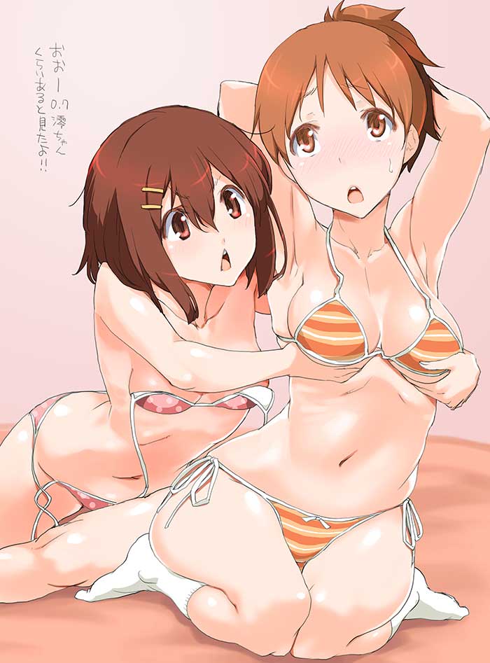 2girls, armpits, bikini, blush, breast envy, breasts, brown eyes, brown hair, cleavage, k-on!, multiple girls, navel, no shoes, open mouth, polka dot, polka dot bikini, shinama, siblings, side-tie bikini bottom, sisters, socks, striped bikini, striped clothes, swimsuit, ui hirasawa (k-on!), untied bikini, white legwear, yui hirasawa (k-on!)