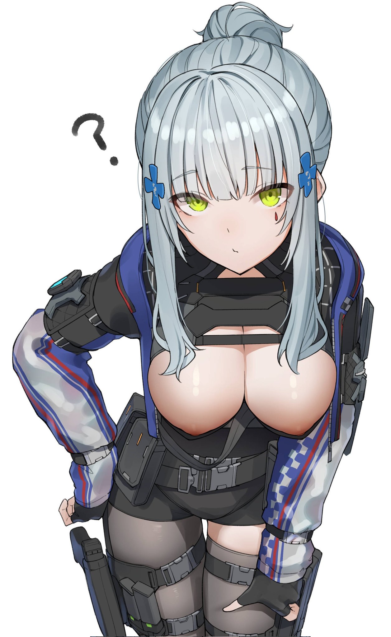 1girls, big breasts, breasts, breasts out, clothing, face tattoo, female, female only, girls' frontline, girls' frontline 2: exilium, green eyes, grey hair, hair ornament, hk416 (girls' frontline), jacket, klukai (girls' frontline 2), large breasts, leaning forward, long hair, military uniform, nipples, ponytail, question mark, ringobatake, tattoo, teardrop facial mark, thighhighs