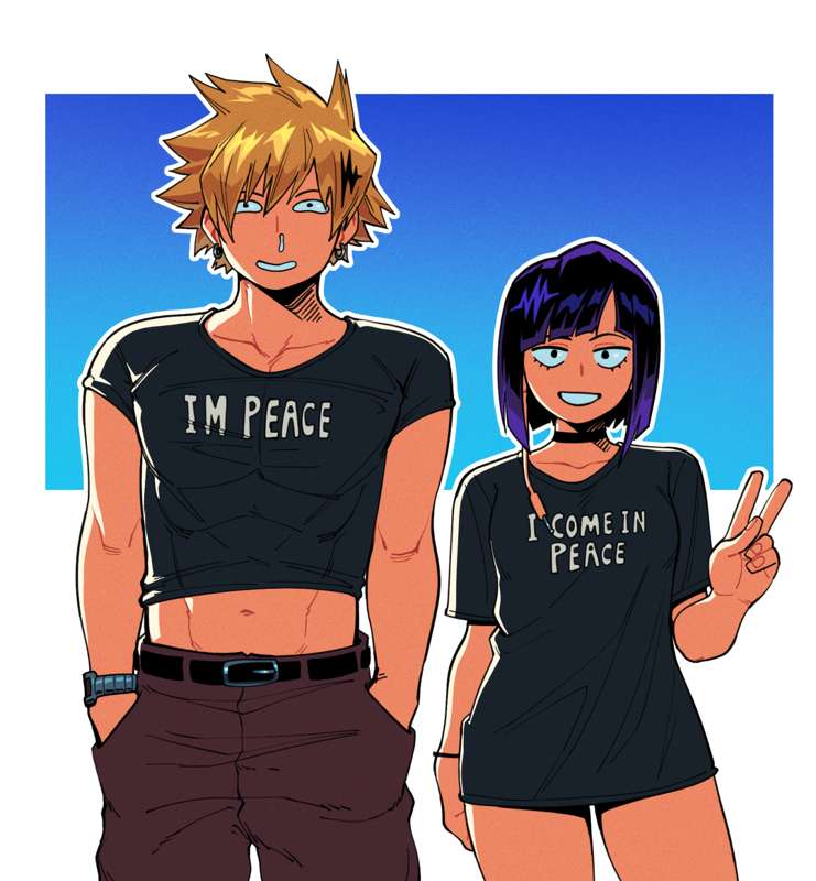 1boy, 1girls, abs, alternate costume, audio jack, belt, black belt, black choker, black eyes, black shirt, blonde hair, blonde-haired male, brown pants, choker, clothes writing, clothing, collarbone, crop top, cropped shirt, denki kaminari, english text, female, femdom, grin, hands in pockets, inverted bob, jewelry, kyoka jiro, looking at viewer, male, midriff, my hero academia, navel, no pants, pants, purple hair, purple-haired female, shirt, short hair, short sleeves, shorts, smile, spiked hair, standing, suoiresnu, t-shirt, teeth, toned, v, watch