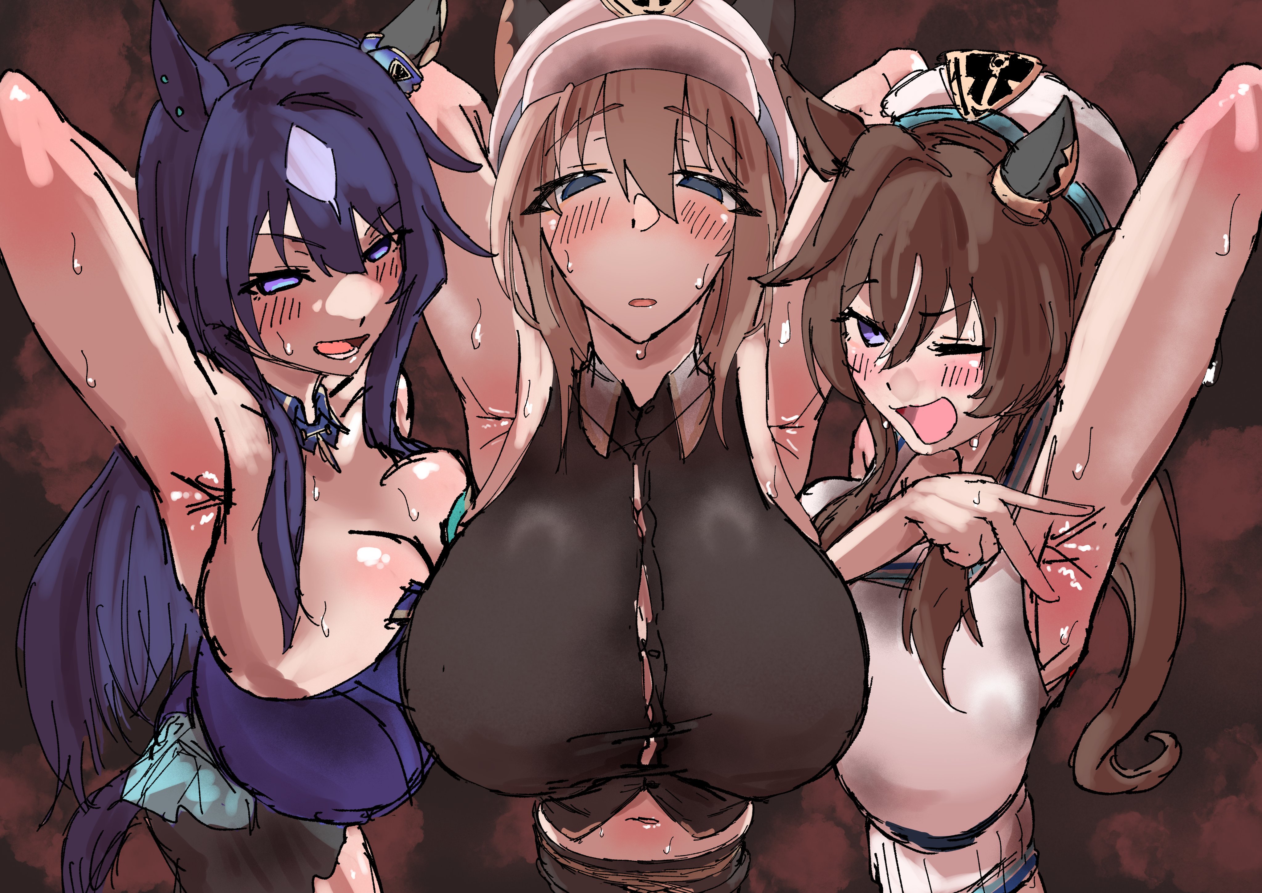 3girls, armpits, arms up, big breasts, blue eyes, blue hair, blush, breasts, brown hair, cheval grand (umamusume), cleavage, female, female only, hair between eyes, horse ears, horse girl, huge breasts, light skin, light-skinned female, looking at viewer, nnami, purple eyes, short hair, sisters, smile, sweat, tied hair, twintails, umamusume, umamusume pretty derby, verxina (umamusume), vivlos (umamusume), wink