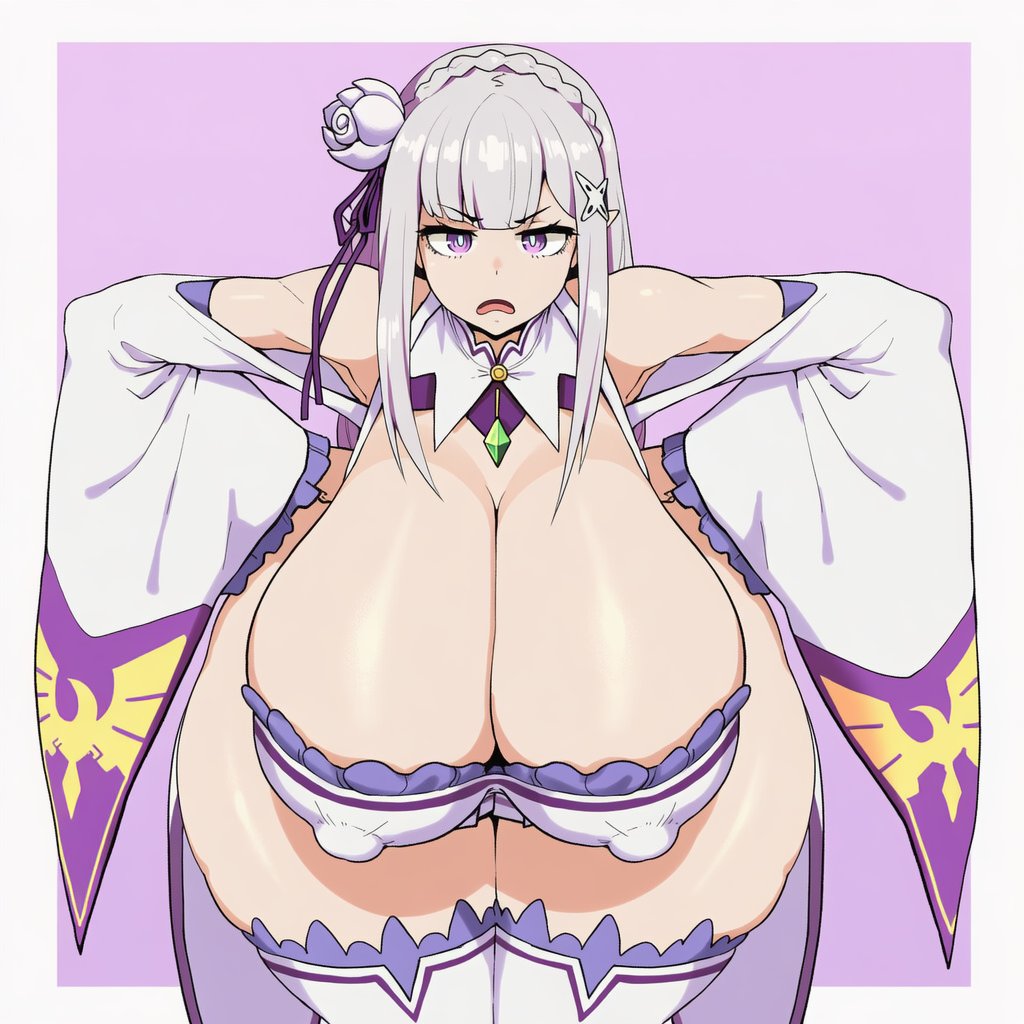 ai generated, amiamia, breasts, emilia (re:zero), female, goghkunn, hanging breasts, huge breasts, huge thighs, re:zero kara hajimeru isekai seikatsu, thick thighs, wide hips