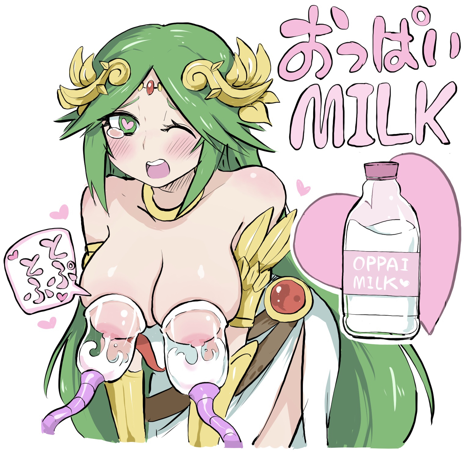 1girls, big boobs, big breasts, big tits, boobs, bottle, breast milk, breast milk squirt, breast milking, breasts, female, green eyebrows, green eyes, green hair, green-eyed female, green-haired female, heart-shaped pupils, kid icarus, milk bottle, milk squirt, milking, milking machine, nipples, no bra, one eye closed, open mouth, palutena, simple background, tits, white-stew, woman