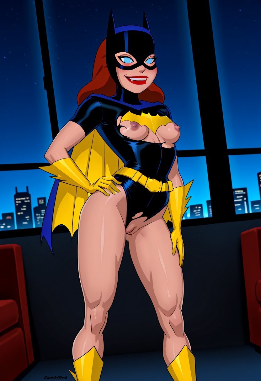 1girls, ai generated, artist name, barbara gordon, batgirl, batman (series), blue eyes, bodysuit, boots, breasts, cape, costume, darkeffect, dc, dc comics, exposed breasts, exposed nipples, exposed pussy, female, female focus, female only, gloves, hand on hip, hero, leotard, lipstick, looking at viewer, makeup, nipples, presenting, pussy, red hair, red lipstick, shiny skin, smiling, solo, solo female, solo focus, torn bodysuit, torn clothes, torn costume, wardrobe malfunction
