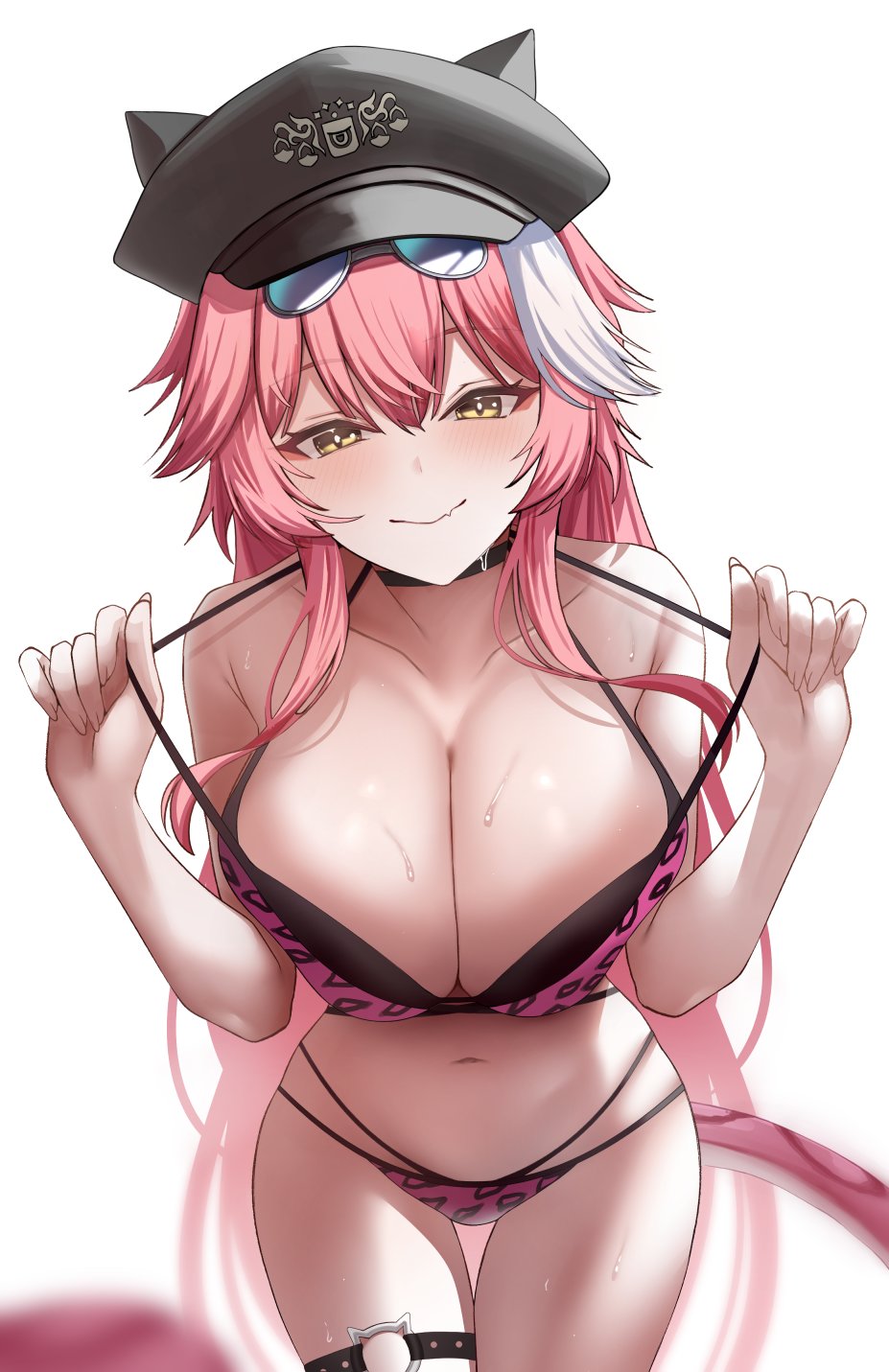 animal print, armpit crease, bare shoulders, bikini, black bikini, black choker, black hat, blush, breasts, cat o-ring, choker, cleavage, closed mouth, collarbone, commentary, cute fang, eyewear on head, female, fingernails, grey-framed eyewear, hashtag-only commentary, hat, highres, hololive, hololive english, hololive english -justice-, huge breasts, leaning forward, leopard print, long hair, looking at viewer, multi-strapped bikini bottom, multicolored hair, navel, o-ring, o-ring thigh strap, panther girl, panther tail, pink bikini, pink hair, pink tail, print bikini, print hat, pulling own clothes, raora panthera, raora panthera (holonatsu paradise), si farid, simple background, skin fang, smile, solo, stomach, strap pull, streaked hair, sunglasses, sweat, swimsuit, t, tail, thigh strap, thighs, twitter, virtual youtuber, youtube, youtuber, youtuber girl, youtubers