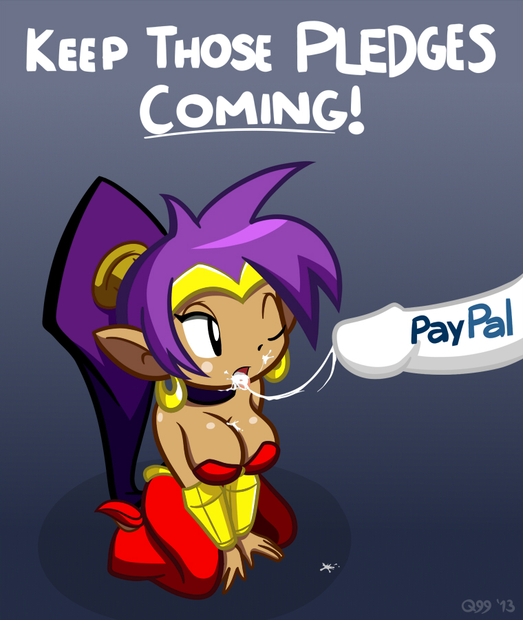 1boy 1girls breasts cum cum_in_mouth cumshot dark-skinned_female dark_skin dressed earrings elf_ears eye_closed long_hair one_eye_closed paypal penis pointy_ears ponytail purple_hair shantae shantae_(character) smooth_skin