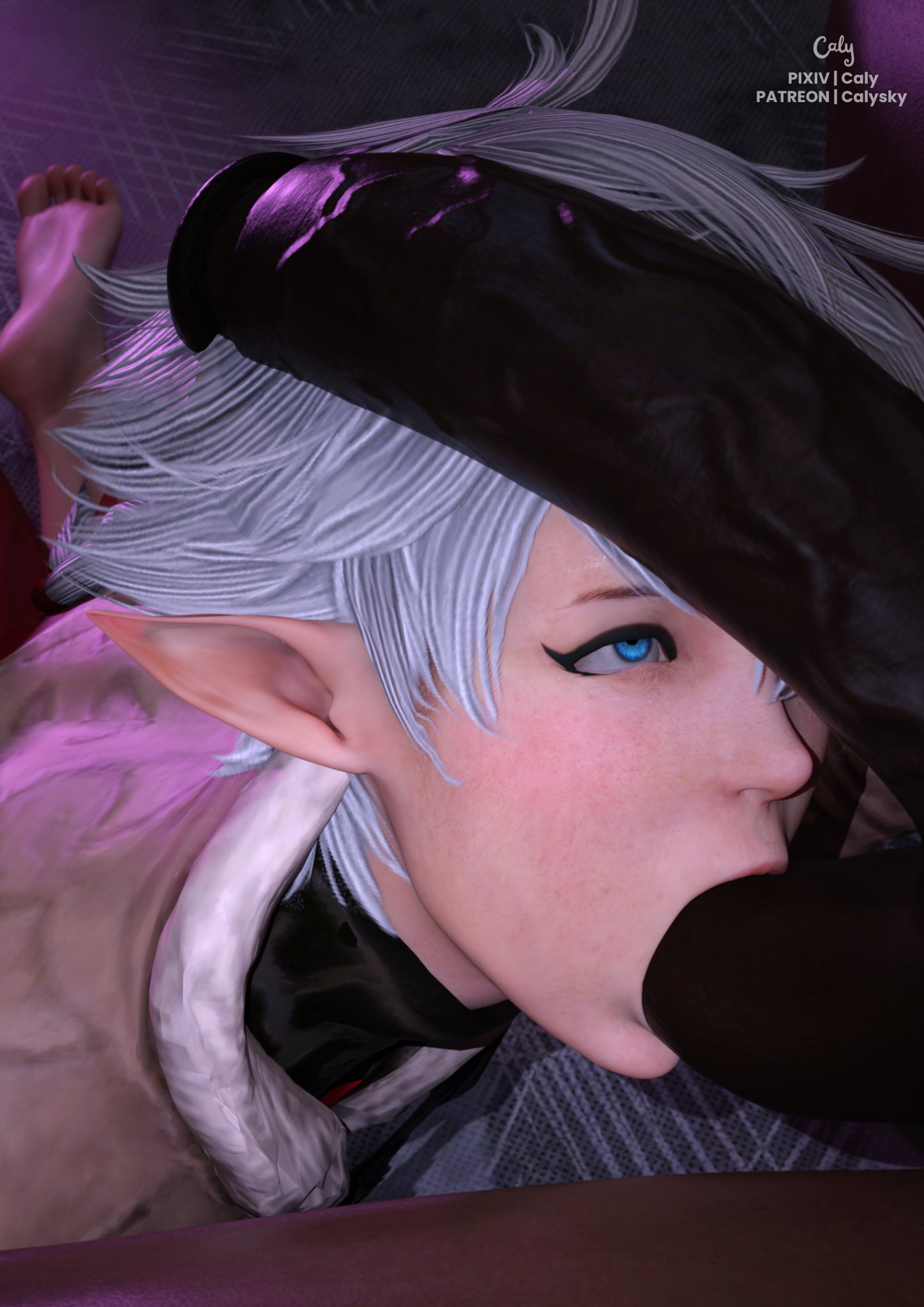 3d, alisaie leveilleur, balls, balls licking, balls sucking, blowjob, brown skin, calysky, dark-skinned male, elezen, face closeup, fellatio, final fantasy, final fantasy xiv, interracial, licking balls, male, oral, skinny, sucking balls, sucking testicles, testicles, very dark skin