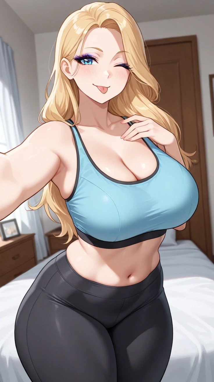 ;p, 1girls, ai generated, armpits, bare arms, bare shoulders, bed, bedroom, big breasts, black legwear, blonde female, blonde hair, blonde-haired female, blue eyes, blue topwear, blush, bottomwear, breasts, cleavage, clothed, clothed female, clothing, collarbone, commentary request, curvaceous, curvy, curvy female, curvy figure, cute, cute expression, eyelashes, eyeshadow, female, female focus, forehead, hair, hand on breast, hand on chest, hips, indoors, inside, large breasts, lia the busty redhead, long eyelashes, long hair, looking at viewer, makeup, midriff, navel, original, original character, pose, posing, posing for the viewer, self upload, selfie, sports bra, sportswear, standing, tagme, teasing, thick thighs, thighs, tight clothing, tongue, tongue out, topwear, voluptuous, voluptuous female, wavy hair, wide hips, wink, winking, winking at viewer, yoga pants