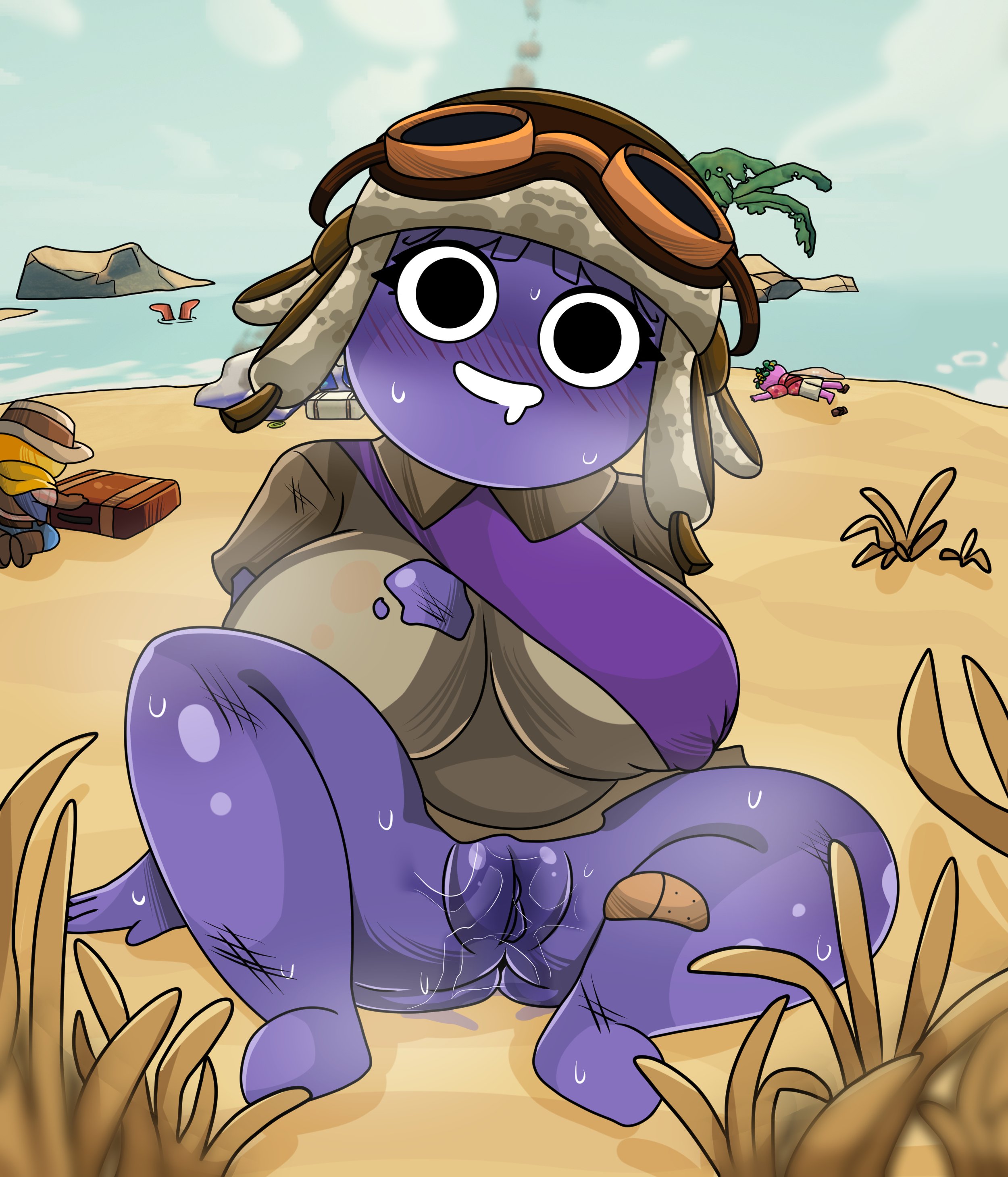 1girls, 2025, alexklein, beach, blush, blush lines, digital drawing (artwork), digital media (artwork), dripping, dripping pussy, dumb, dumb girl, female, group, hi res, outside, partially clothed, peak (videogame), purple body, purple skin, pussy, scout (peak), wet, wet pussy