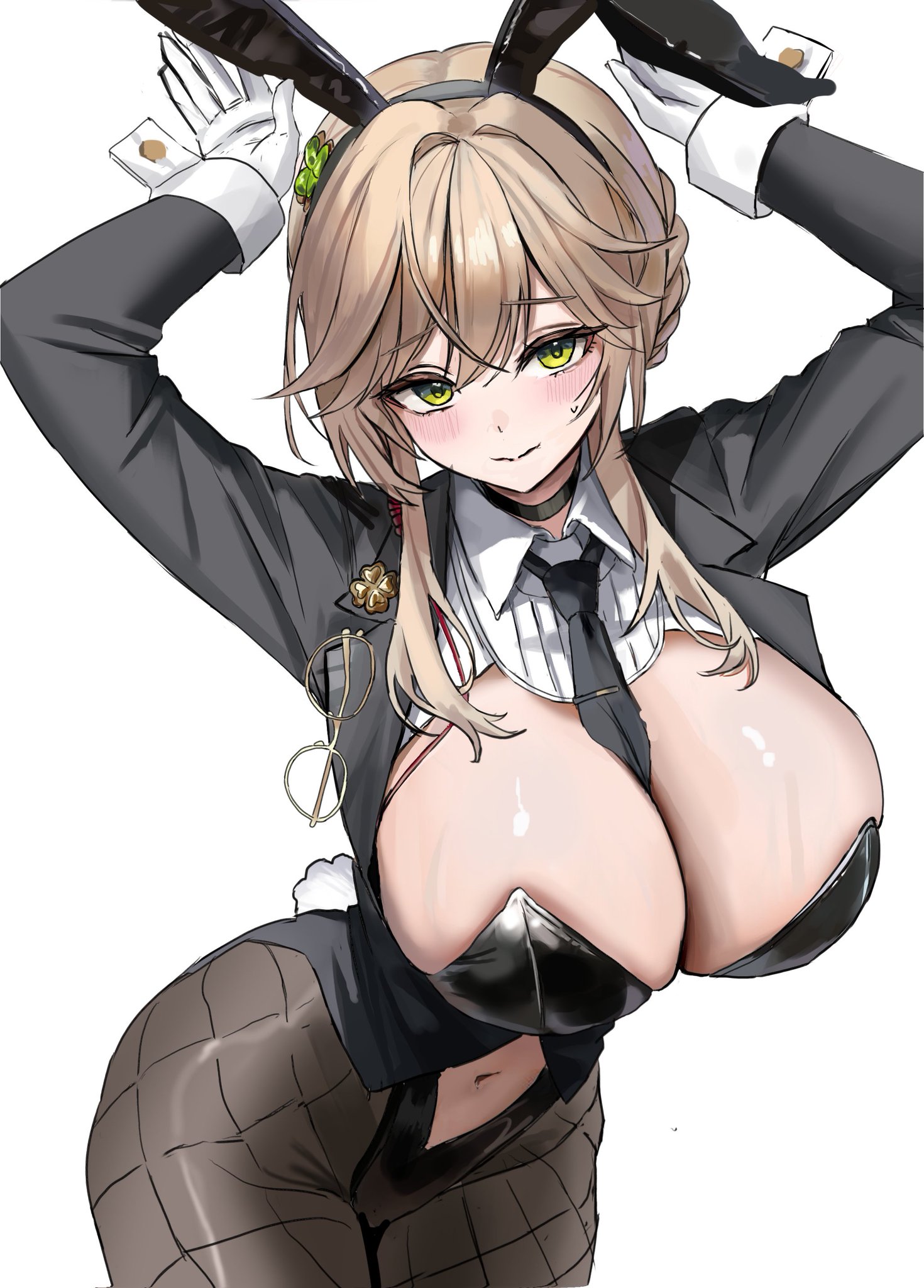 1girls, ac rizz, ade (agent bunny) (nikke), ade (nikke), agent, animal ear hairband, animal ears, between breasts, big breasts, black leotard, black necktie, blush, breasts, brown hair, bun with braided base, bunny girl suit, bunnysuit, cleavage, cleavage cutout, clover hair ornament, clover pin, embarrassed, fake animal ears, female, fishnet pantyhose, fishnets, four-leaf clover hair ornament, gloves, goddess of victory: nikke, green eyes, hair intakes, hair ornament, hairband, high heels, highres, huge breasts, leotard, long hair, long sleeves, looking at viewer, navel, navel cutout, necktie, necktie between breasts, pantyhose, playboy bunny, rabbit ear hairband, rabbit ears, sidelocks, solo, stomach, undersized breast cup, white gloves, white wrist cuffs, wrist cuffs