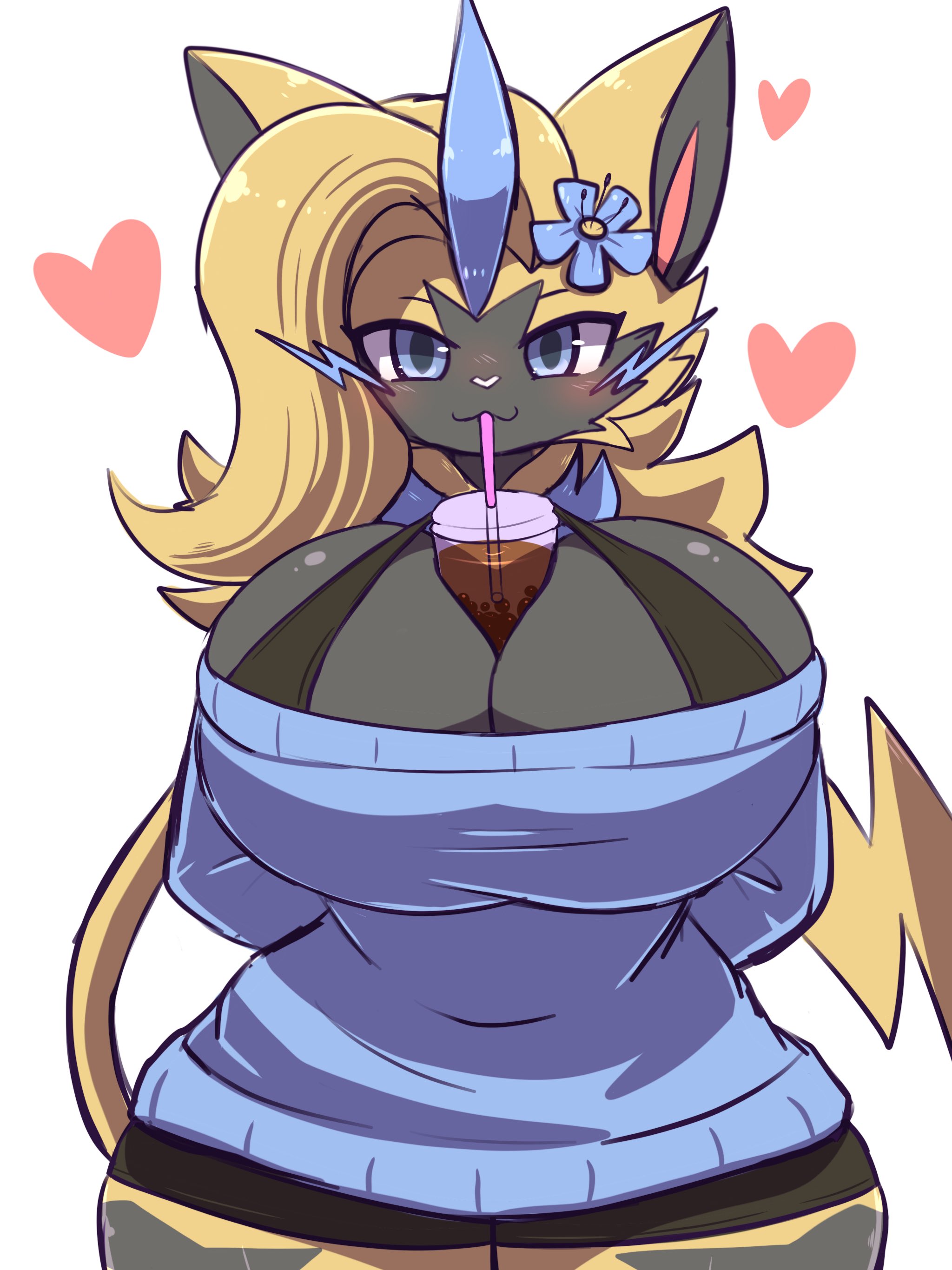 1girls, aurora (nbanoob), belly button, big breasts, breasts, chest tuft, claws, cleavage, female, flower, flower in hair, furry, heart, huge breasts, multicolored body, oreon smol, pokemon, pokemon (species), solo, solo female, solo focus, tagme, tail, thick thighs, wide hips, yellow hair, yellow tail, zeraora