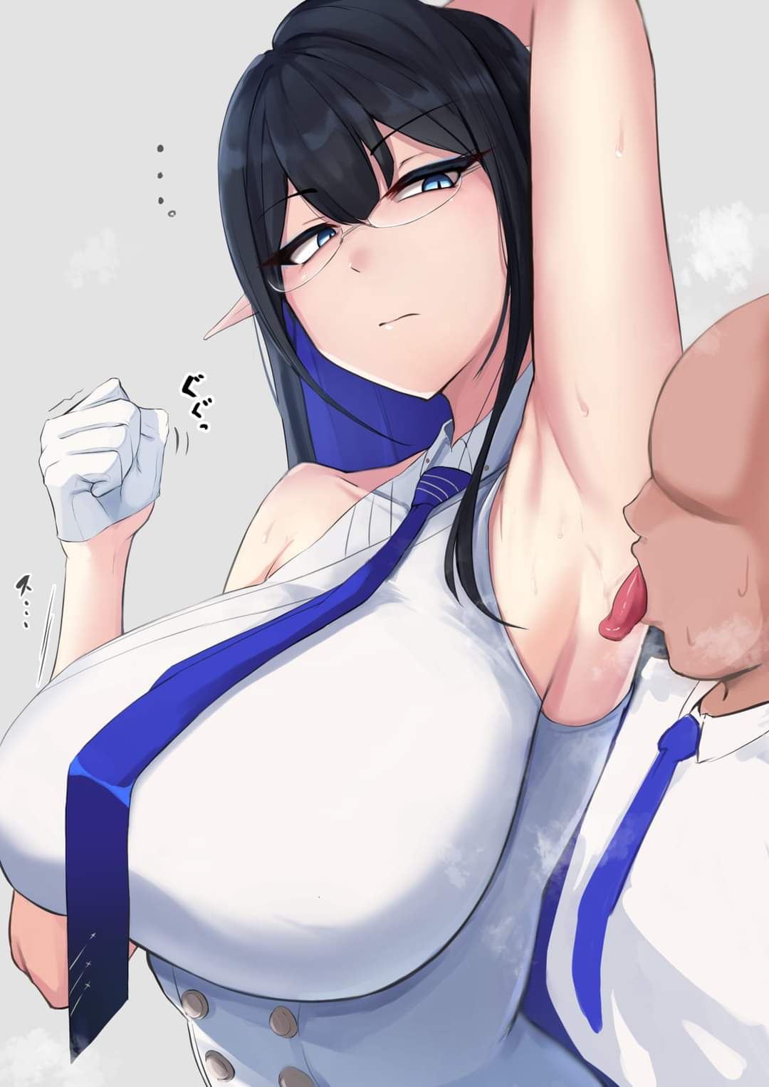 1boy, 1girls, armpit licking, armpits, artist request, big breasts, blue archive, breasts, elf, elf ears, female, general student council (blue archive), glasses, male, pointy ears, rin (blue archive), tie, uniform