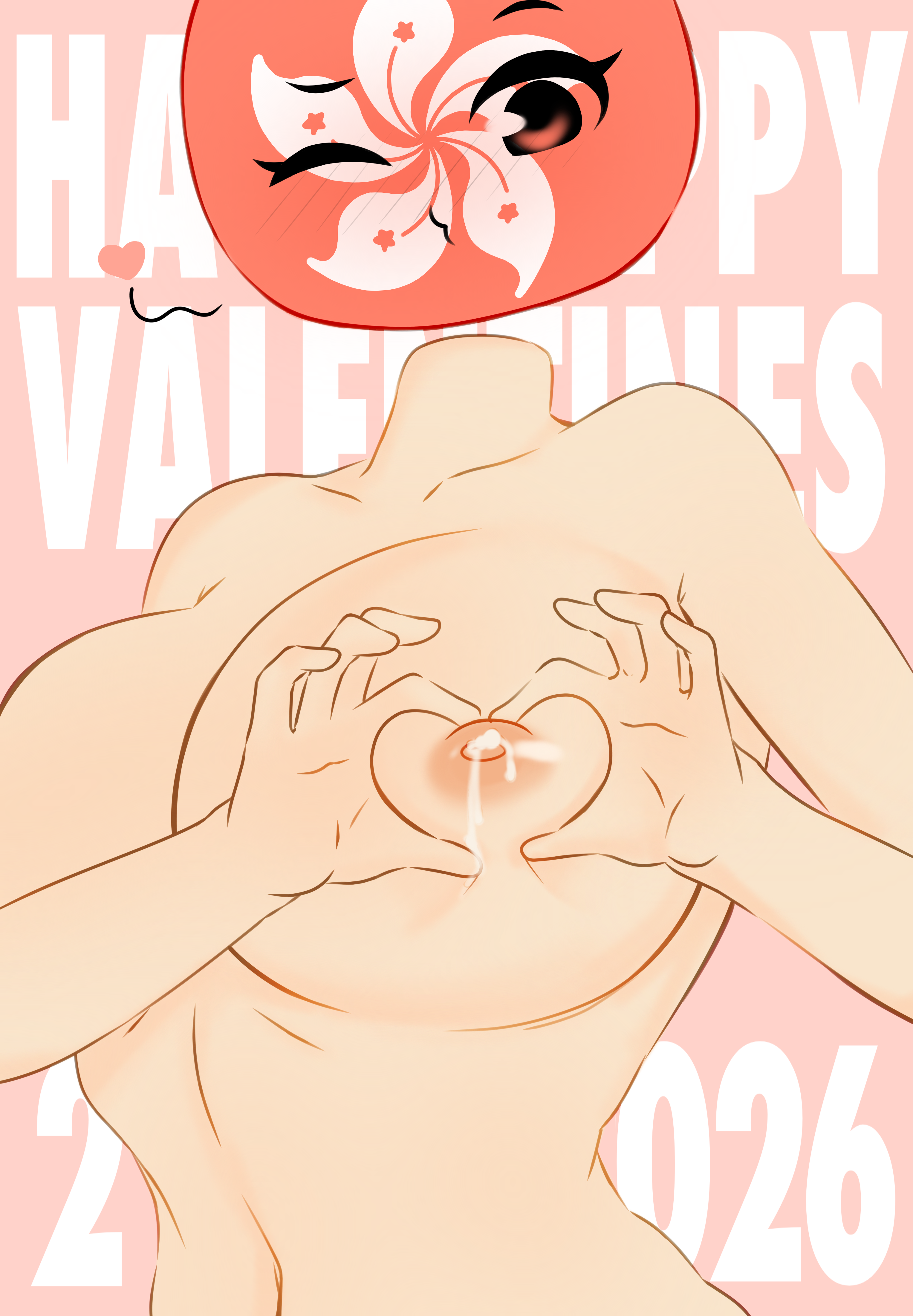 1girls, abs, areolae, big breasts, boob heart, breasts, breasts out, countryhumans, countryhumans girl, female, female only, finger heart, flawsystyle, hand heart, heart, hong kong (countryhumans), lactating, lactation, milk, standing, valentine's day