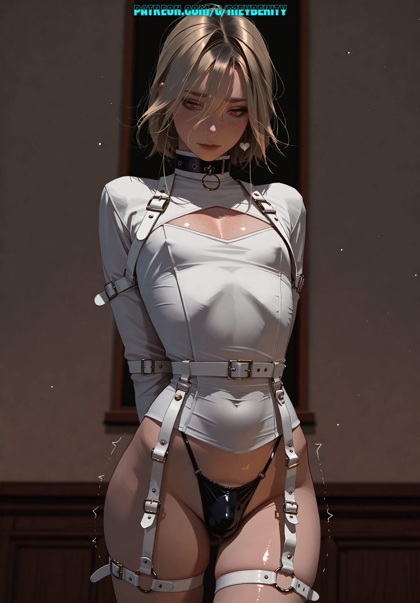 1boy, ai generated, armbinder, binding, bondage, bulge, femboy, hips, light-skinned femboy, male, meybekity, nipples, otoko no ko, panties, solo, trap, yaoi