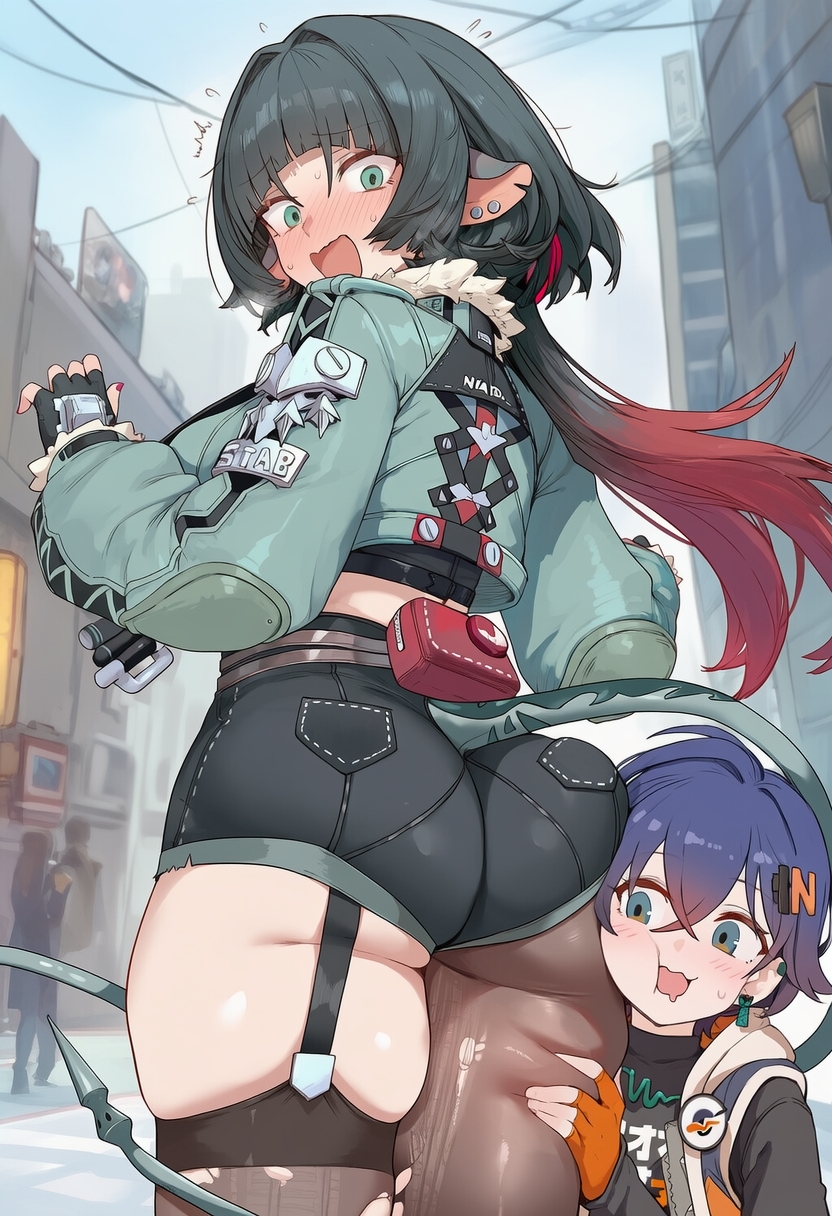 2girls, ai generated, animal ears, ass, belle (zenless zone zero), blue eyes, blue hair, blush, breasts, cameltoe, deep skin, embarrassed, female, fingerless gloves, from behind, gradient hair, green eyes, green hair, head on ass, huge ass, jacket, jane doe (zenless zone zero), large breasts, long hair, looking back, looking down, mouse ears, mouse girl, mouse tail, multicolored hair, multiple females, multiple girls, open mouth, pantyhose, pantyhose under shorts, ponytail, red hair, short hair, short shorts, shorts, sideboob, single thighhigh, smile, sweat, sweatdrop, tail, thighhighs, torn clothes, torn legwear, torn pantyhose, torn thighhighs, very long hair, zenless zone zero