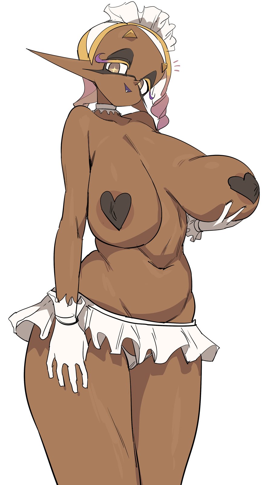 1girls, alternate breast size, ass, big ass, big breasts, breasts, dark skin, dark-skinned female, domino mask, ear piercing, female, female focus, frye (splatoon), hairband, heart symbol, hi res, huge ass, huge breasts, inkling, large ass, large breasts, looking at viewer, maid, maid headdress, medium breasts, mostly nude, navel, nintendo, nipple outline, nipple slip, nipples visible through clothing, pasties, pointy ears, splatoon, splatoon (series), splatoon 3, tentacle hair, thong, underboob, waitress, wedgie, white background, yuta agc