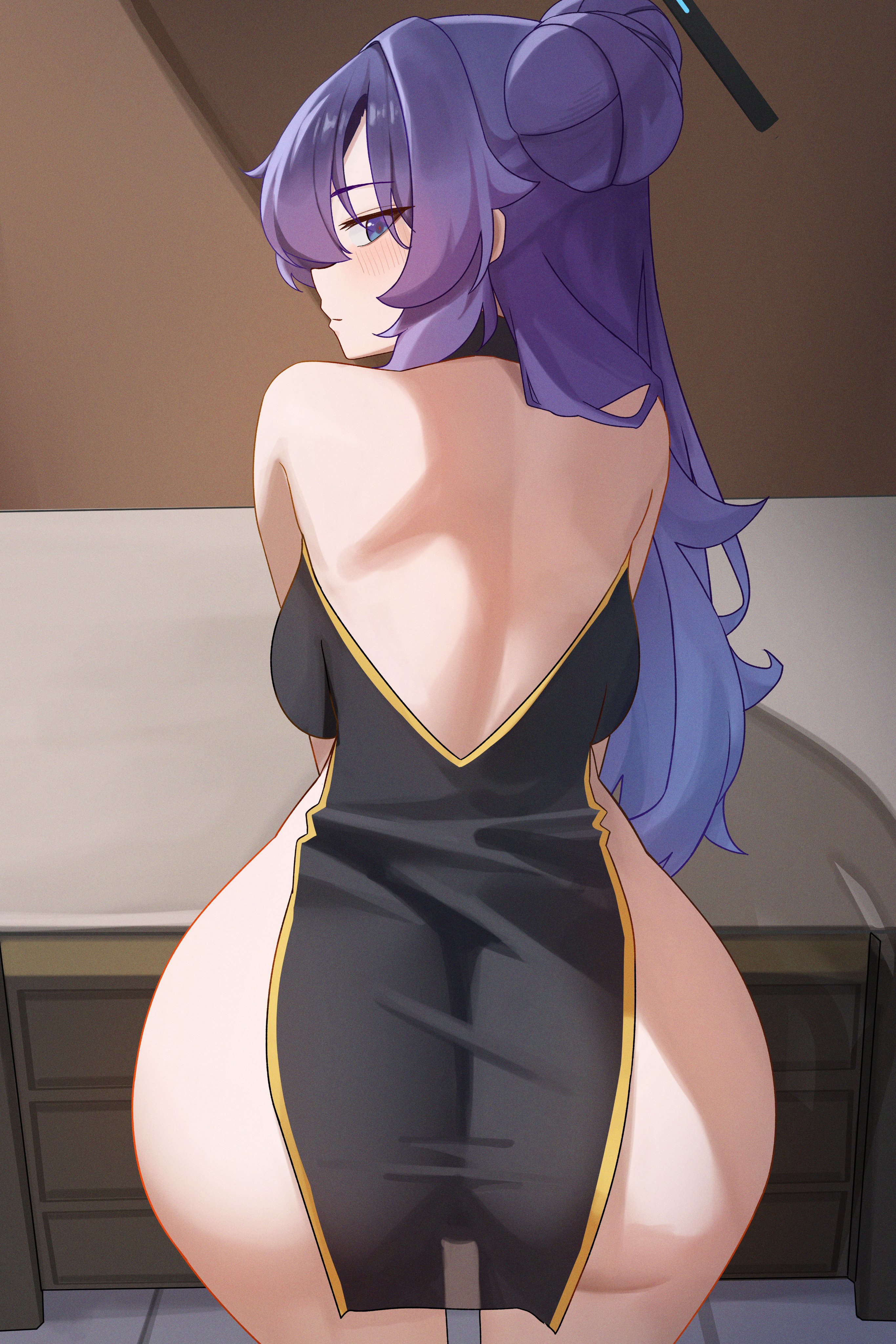 absurdres, alternate costume, alternate hairstyle, ass, backboob, backless dress, backless outfit, black dress, black halo, blue archive, blue eyes, blue hair, blush, breasts, china dress, chinese clothes, closed mouth, commentary, double bun, dress, female, from behind, hair bun, halo, highres, huge ass, indoors, large breasts, long hair, looking at viewer, looking back, mcbox, mechanical halo, narrow waist, pelvic curtain, see-through silhouette, solo, thighs, wide hips, yuuka (blue archive)