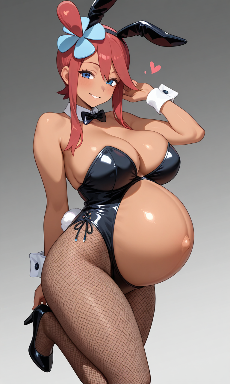 ai generated, female, fishnet legwear, gym leader, latina, pink hair, pink hair female, playboy bunny, pokemon, pokemon bw, pregnant, pregnant belly, pregnant female, skyla (pokemon), solo, solo female, solo focus
