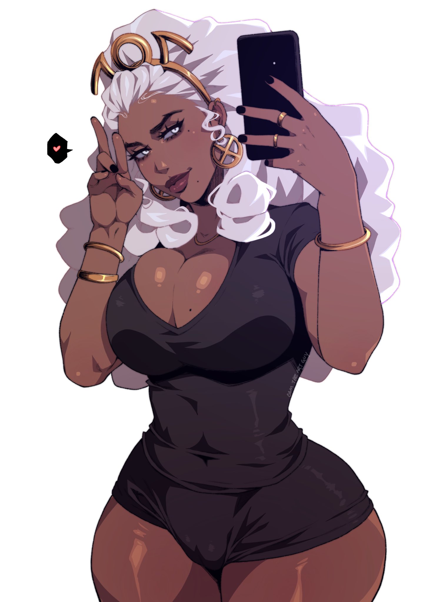 1girls, 2025, beauty mark, big breasts, breasts, camtheartguy, cleavage, dark skin, dark-skinned female, female, female only, gold jewelry, heart symbol, hourglass figure, human, long hair, marvel, marvel comics, mole on breast, mole under eye, mole under mouth, ororo munroe, peace sign, selfie, slim waist, solo, solo female, storm (x-men), thick, thick lips, thick thighs, thighs, white eyes, white hair