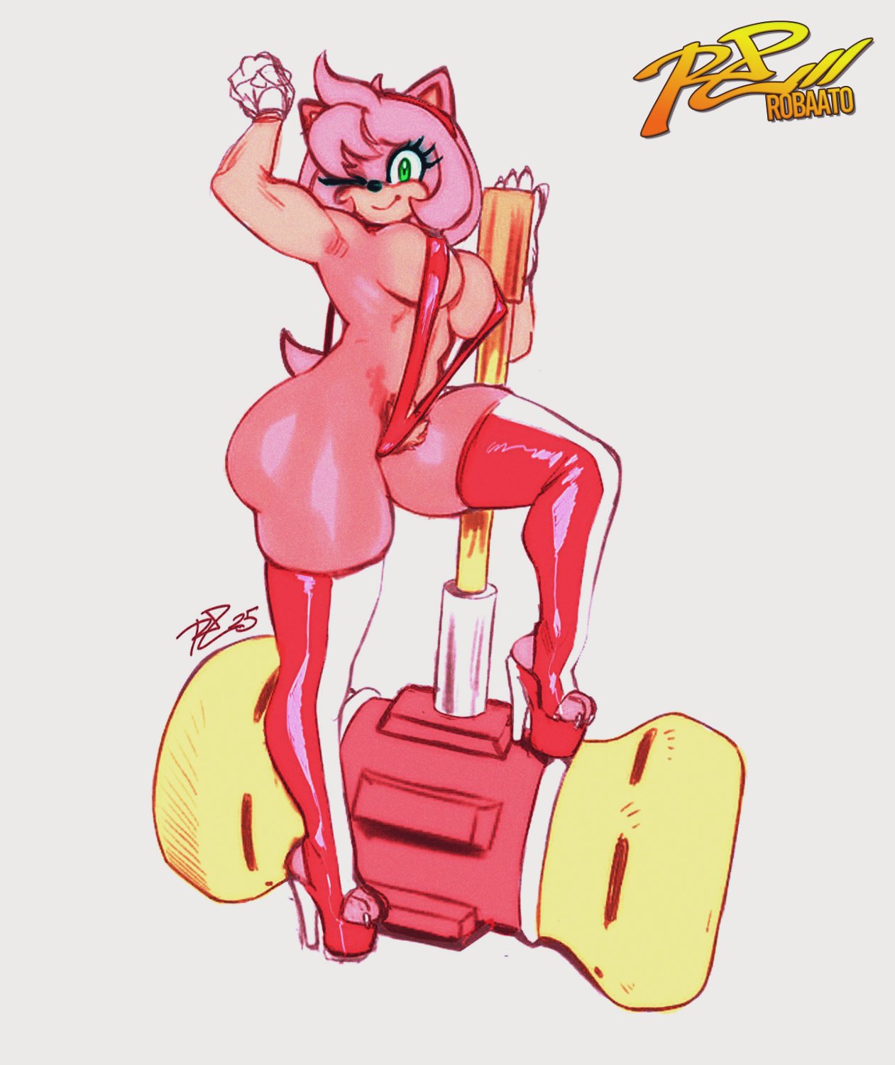 ;), 1girls, aged up, alternate breast size, alternate costume, amy rose, animal ears, animal nose, anthro, areola slip, arm up, armpits, ass, boots, breasts, character name, clenched hand, closed mouth, clothing, covered nipples, fake animal ears, female, female pubic hair, flexing, footwear, full body, furry, furry female, gloves, green eyes, grey background, hairband, hammer, heart cutout, high heel boots, high heels, holding, holding hammer, huge weapon, large breasts, looking at viewer, mammal, navel, one eye closed, pink fur, pink hair, platform footwear, platform heels, pubic hair, pubic hair peek, red footwear, red hairband, red one-piece swimsuit, red thighhighs, robaato, shiny clothes, shiny skin, shoes, short hair, simple background, skindentation, slingshot swimsuit, smile, solo, sonic (series), sonic the hedgehog (series), standing, stiletto heels, strap gap, swimsuit, tail, thick thighs, thigh boots, thighhighs, thighs, white gloves